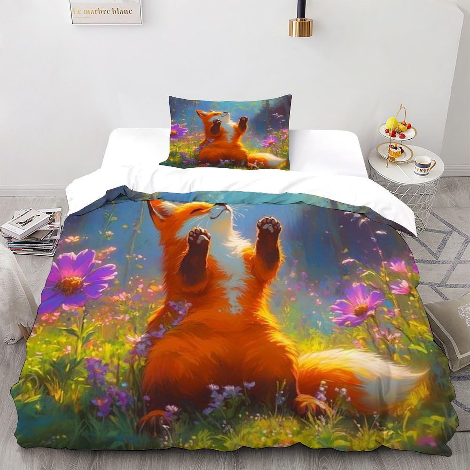 Fox Flower_1 Bedding Set Theme Bedspread Animal Themes Wildlife Duvet Cover Set Microfiber Quilt Cover Universal for All Seasons Pillowcase Single（135x200cm）