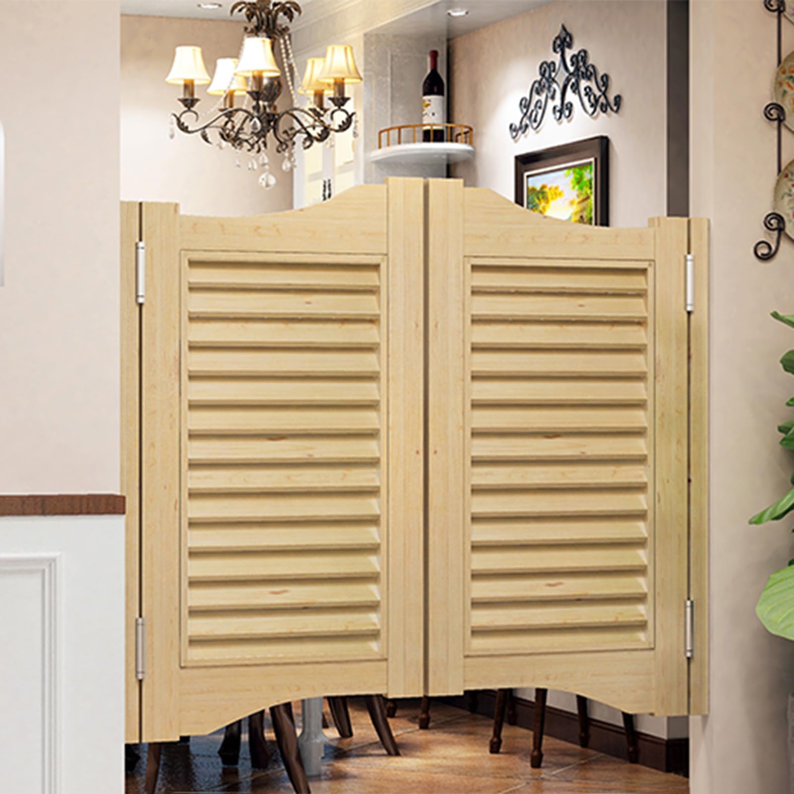 Cafe Swinging Doors, Wooden Louvered Cafe Door for Hallway, Porch, Kitchen, Bar, Pub - Stylish Entrance Partition Wood B - W90รH90cm(Double Door)