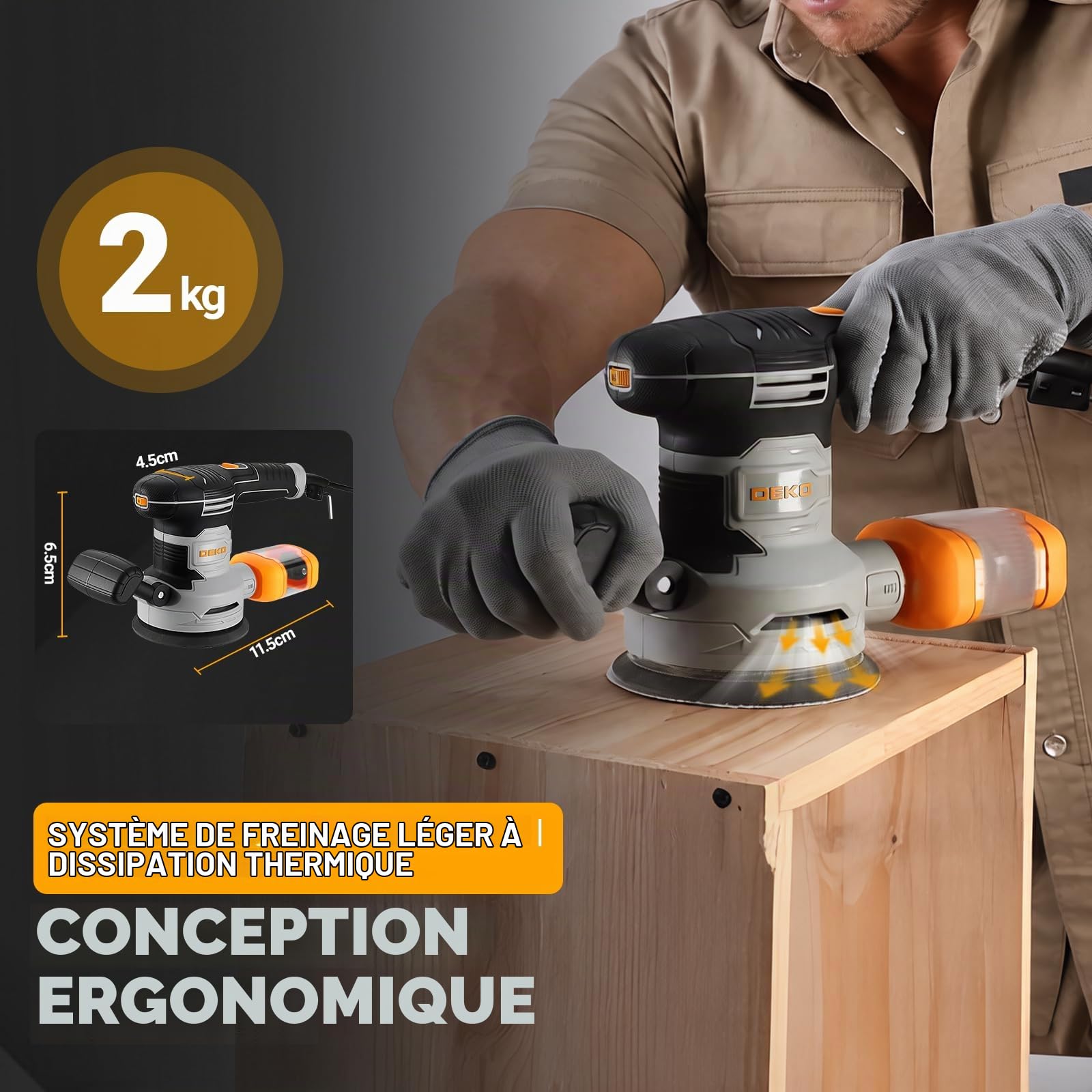 DEKOPRO Ponceuse Excentrique 450W φ125mm: Ponceuse Orbitale 14000RPM, avec 16 Pièces Papier Abrasif, Collecteur de Poussière, pour Bois, Acier, Polissage de Précision