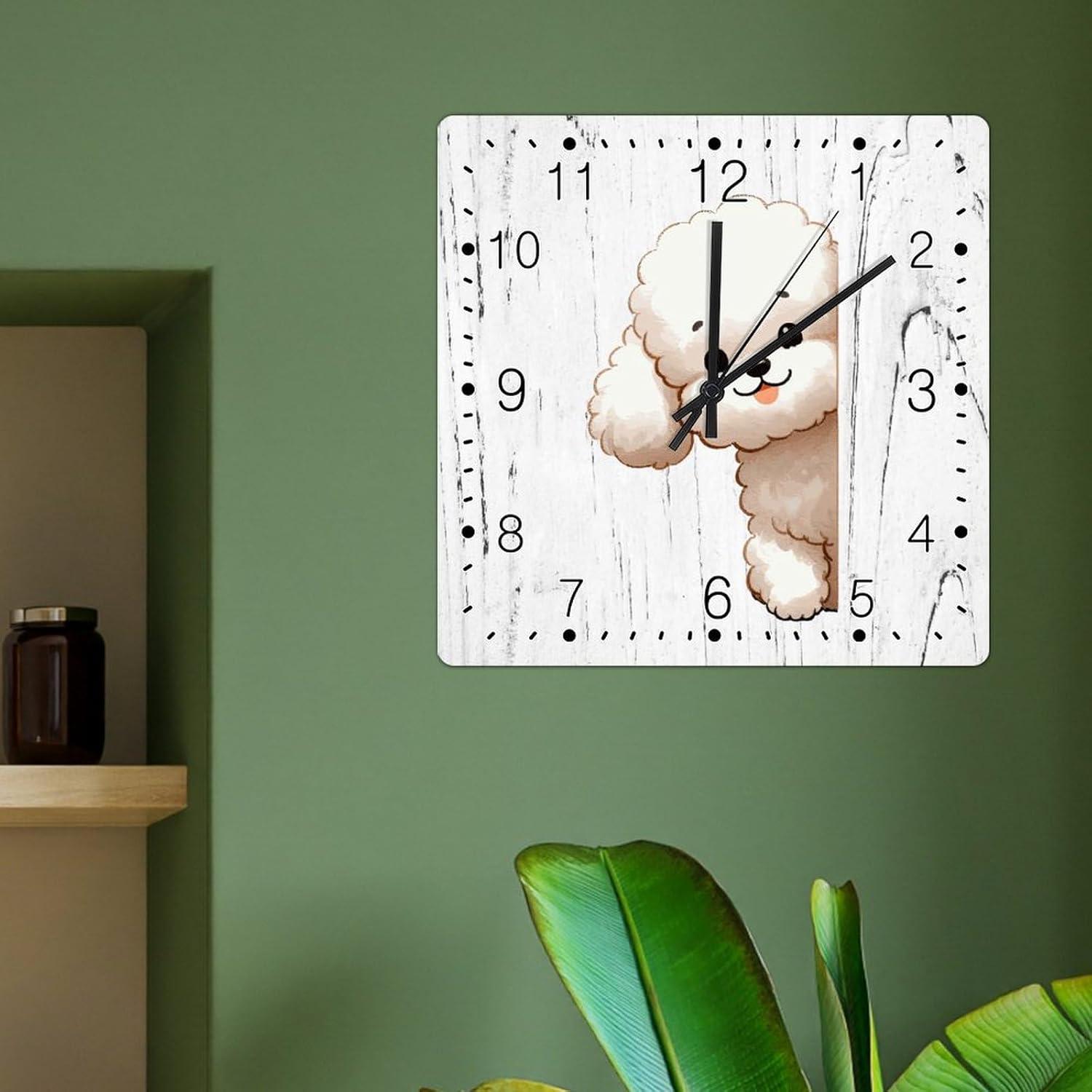 Wall Clock Poodle Wooden Wall Clock Poodle Dog Peeking ASquare Corner Wall Clocks Non-Ticking Battery Operated Square Clock Pet Owner Gift Clocks for Living Room 15x15in