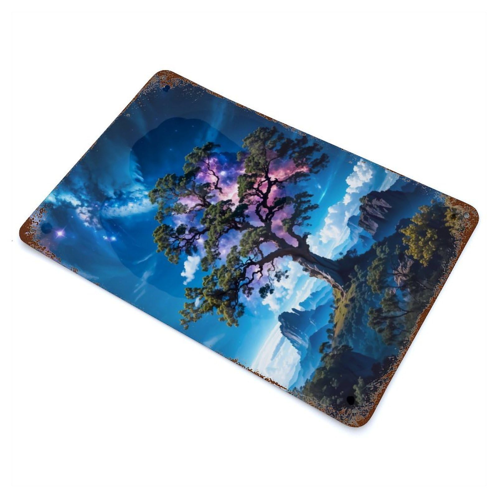 Aged Metal Wall Plaque with Tree Nebula Design 11.8"x7.9", for Cafe, Home Bar And Lounge Decor, Novelty Wall Decor