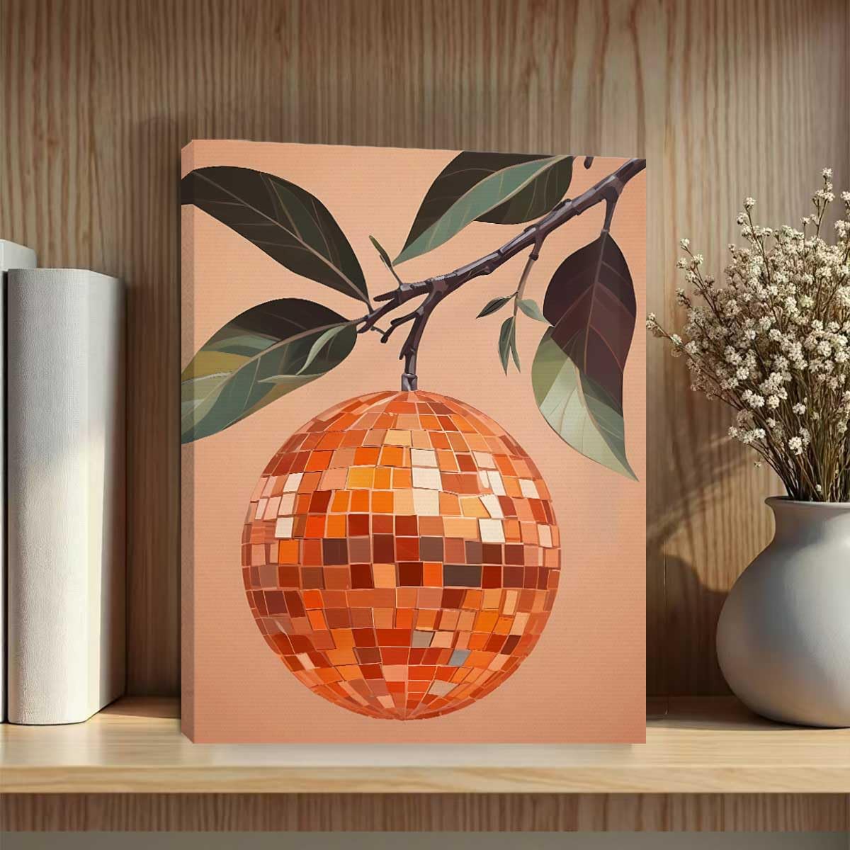Retro Orange Disco Mirror Ball Print Party Theme Funky Framed Wall Art, Bar Cart Wall Decoration Disco Ball Poster College Style Citrus Fruit Wall Decor for Dorm Bar Party Apartment Living Room