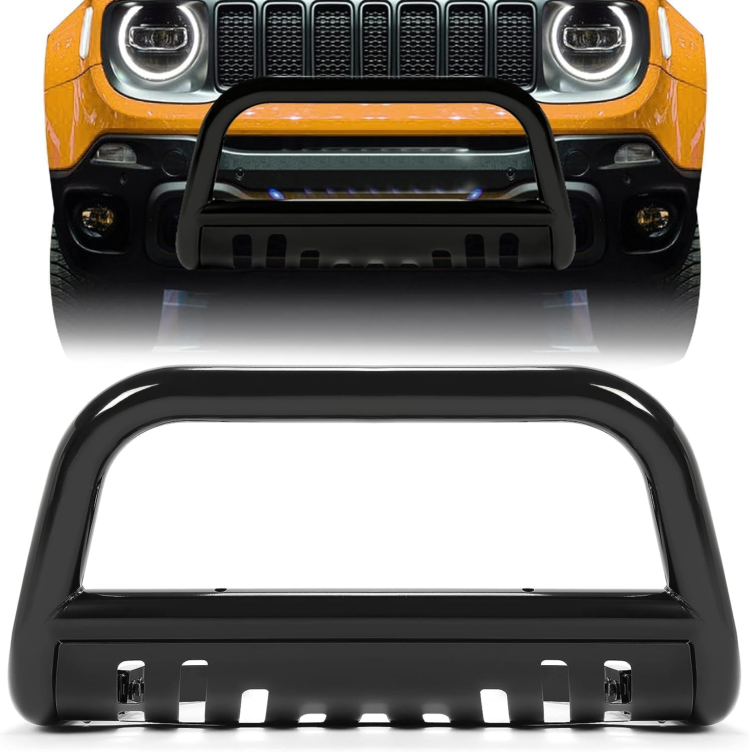 KUAFU Bull Bar with Skid Plate Compatible with 2015-2022 Jeep Renegade Electrophoresis Brush Guard Front Bumper Grill Grille Guard Protector Brush Push Bar Powder Coated Steel Black