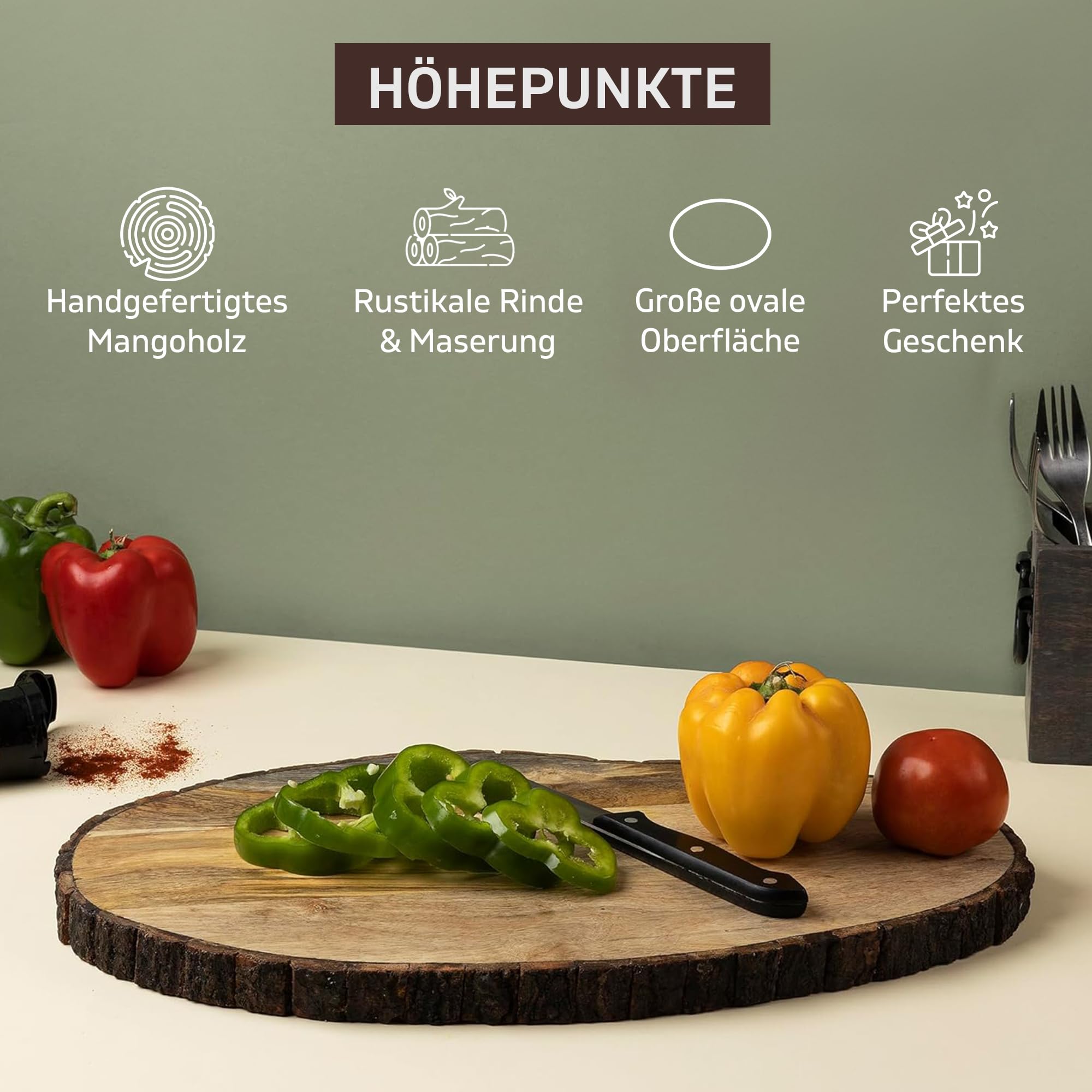 GoCraft Ovale Servierplatte aus Holz mit Baumrinde – Mangoholz-Charcuterie-Brett, 43,2 x 25,4 cm, rustikale Platte zum Servieren von Käse, Vorspeisen, Snacks, Obst und mehr – perfekt für Unterhaltung