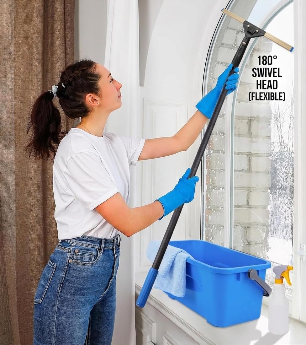 Kit de limpieza de ventanas con cubo de almacenamiento, escobilla de ventana con poste de extensión de 4.5 pies, estropajo, botella de spray de 20 onzas, paño de plumero