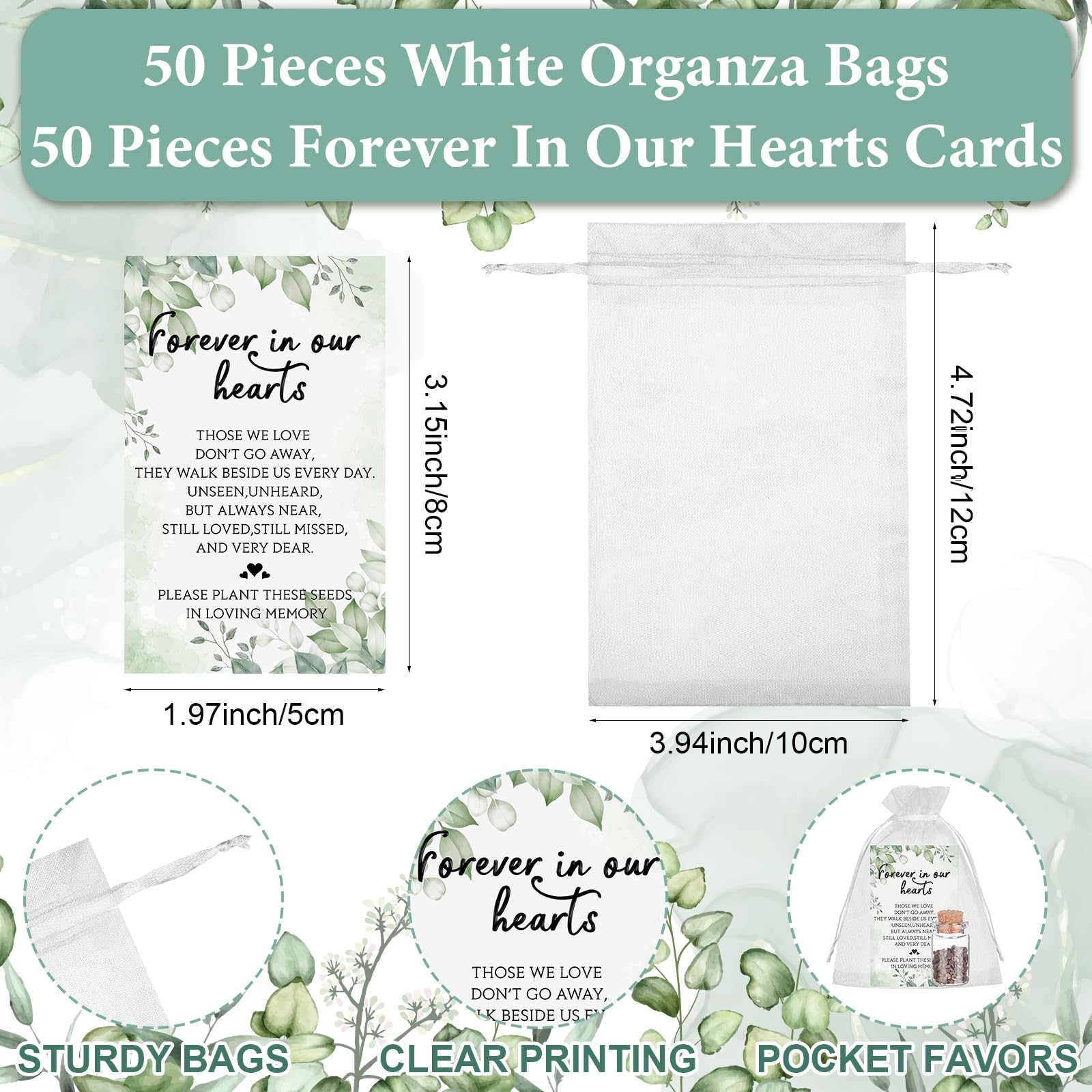 50 Sets Funeral Favours for Guests-50 Memorial Cards 50 Glass Bottles with Cork 50 Organza Bags Funeral Keepsakes for Loss of Loved One Celebration of Life Decorations Memorial Service - Image 3