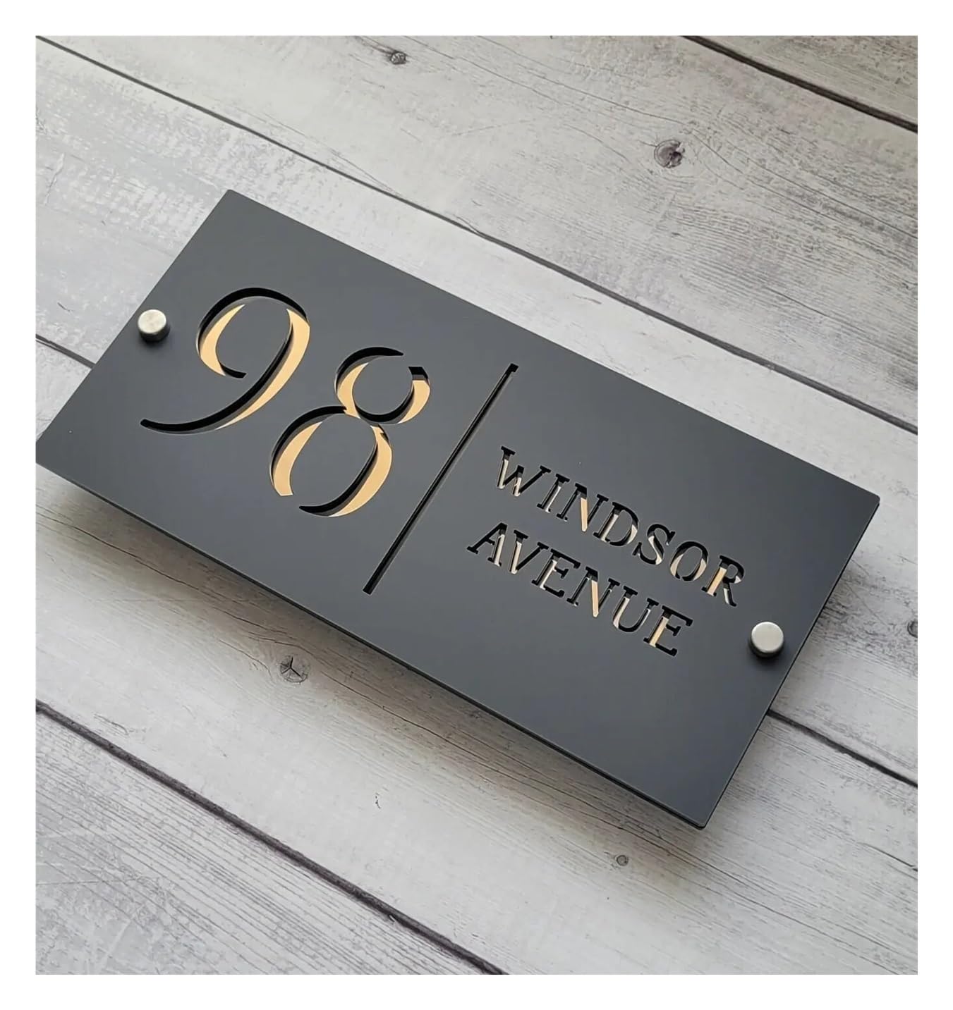 Targhetta in acrilico nero opaco e oro a specchio per indirizzo per casa residenziale targhetta personalizzata incisione laser (grigio-oro, 20 x 14 cm, chiodo argento)
