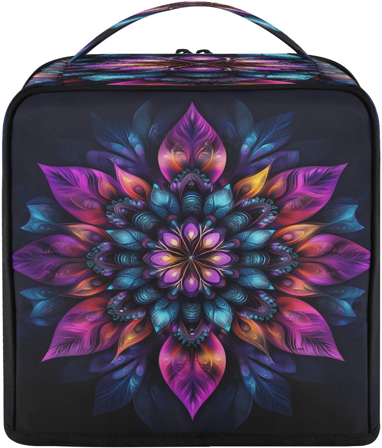 Standing Makeup Bag, Colorful Hippy Mandala Flower Large Cosmetic Bag Toiletry Organizer with Phone/Mirror Holder, Brush Holders, Detachable Dividers, Portable Travel Makeup Case for Women