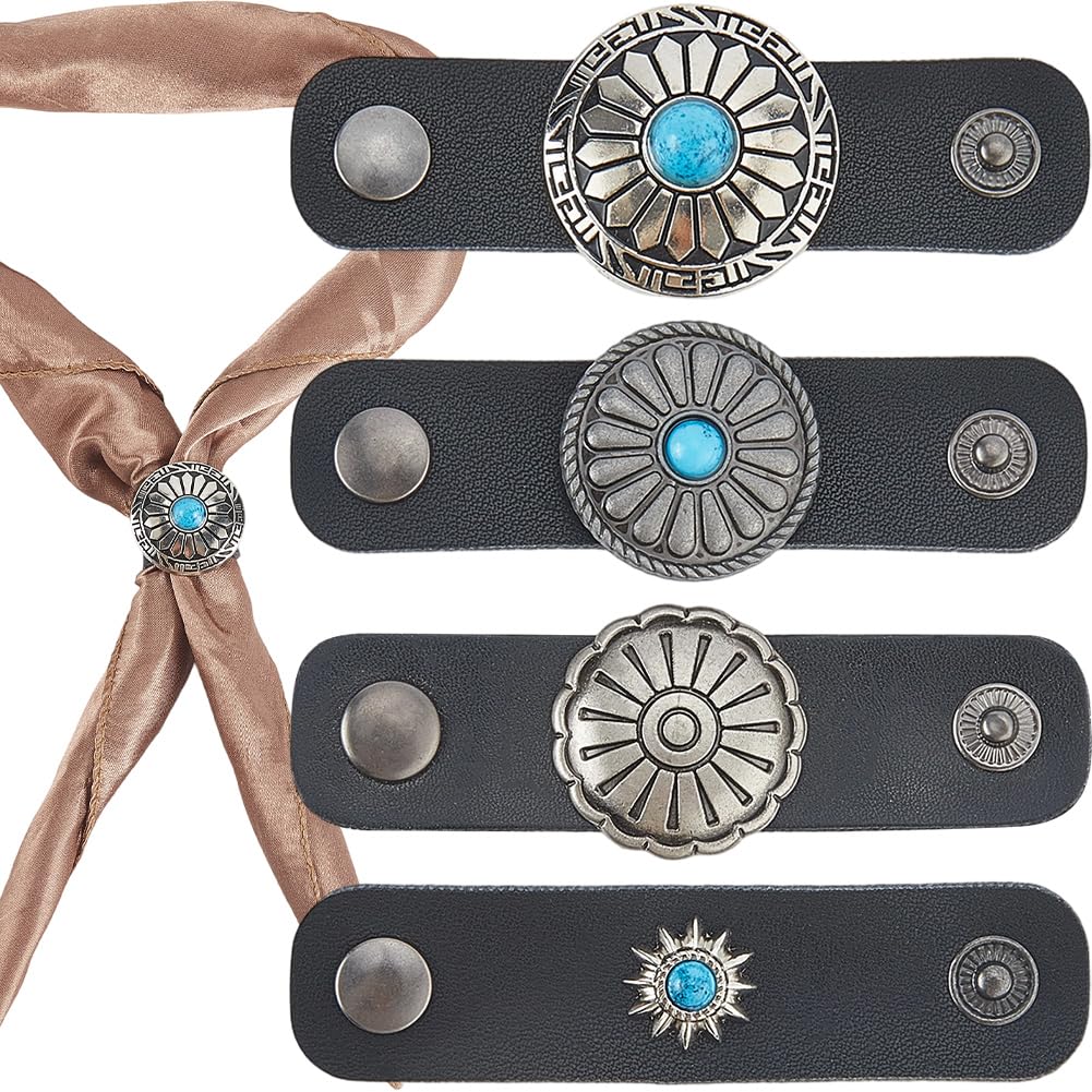 CALFOVERA 4PCS PU Leather Western Turquoise Flower Bandana Scarf Ring 4 Styles Handmade Vintage Pattern Scarf Holder Buckle Solid Color Bandana Neckchief Slides Clasp for Kerchief Headwear Headband