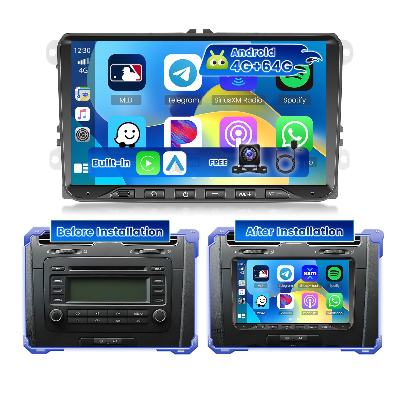 Hikity 4G+64G Android 15 Radio Coche VW Golf 9" Wireless CarPlay BT