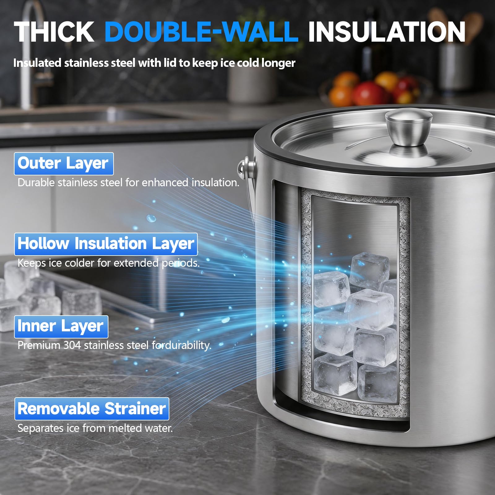 3L Cubitera de Acero Inoxidable, Cubo de Hielo con Tapa, Cuchara, Filtro y Clip Cubitera Aislado de Doble Pared Portátil Contenedores de Hielo para Fiestas, Restaurantes, Picnics, Vino