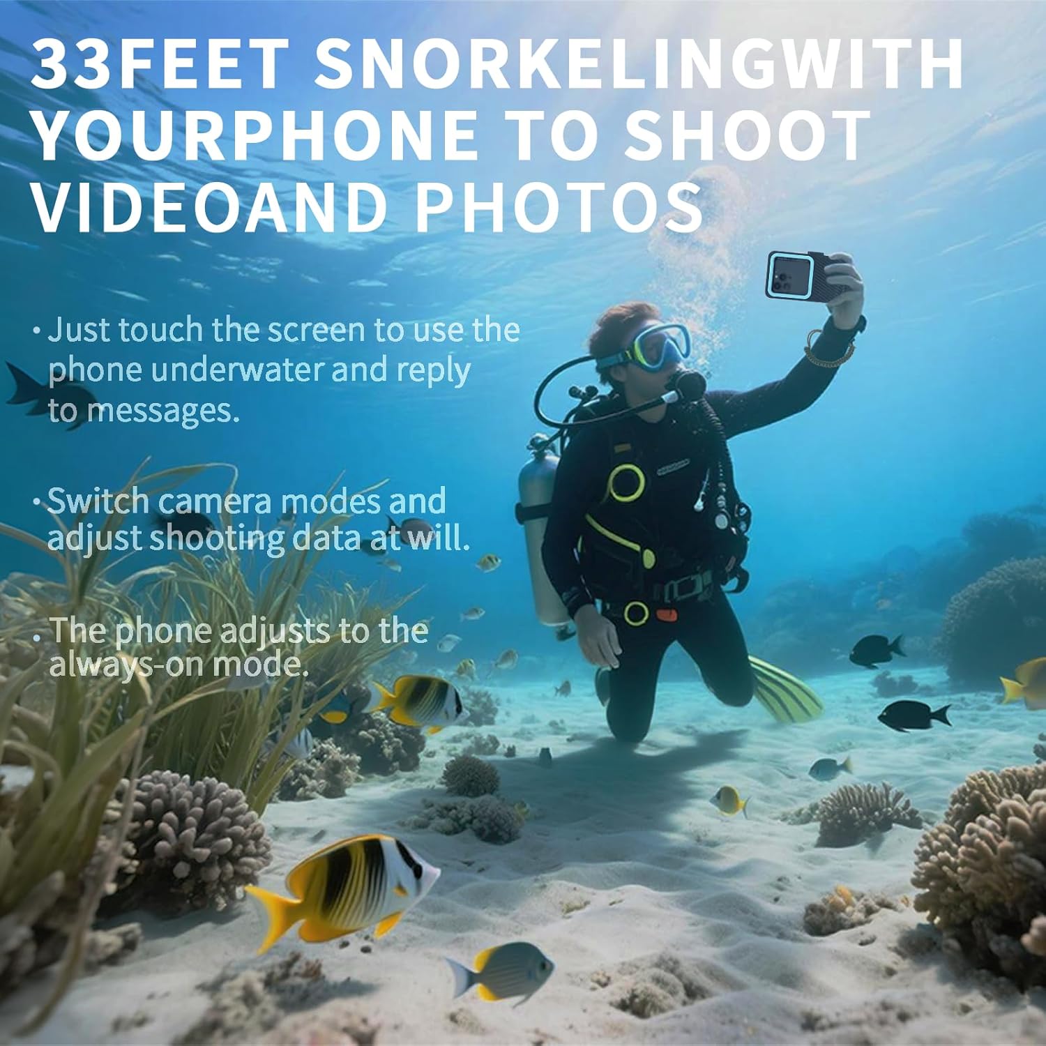 Underwater Snorkeling Phone case for iPhone and Samsung with Touchscreen, Waterproof and Snorkeling Compatible for iPhone 16 15 14 13 12 11 Pro Max/XS/X Samsung Galaxy (Blue, 4TH 33FT)