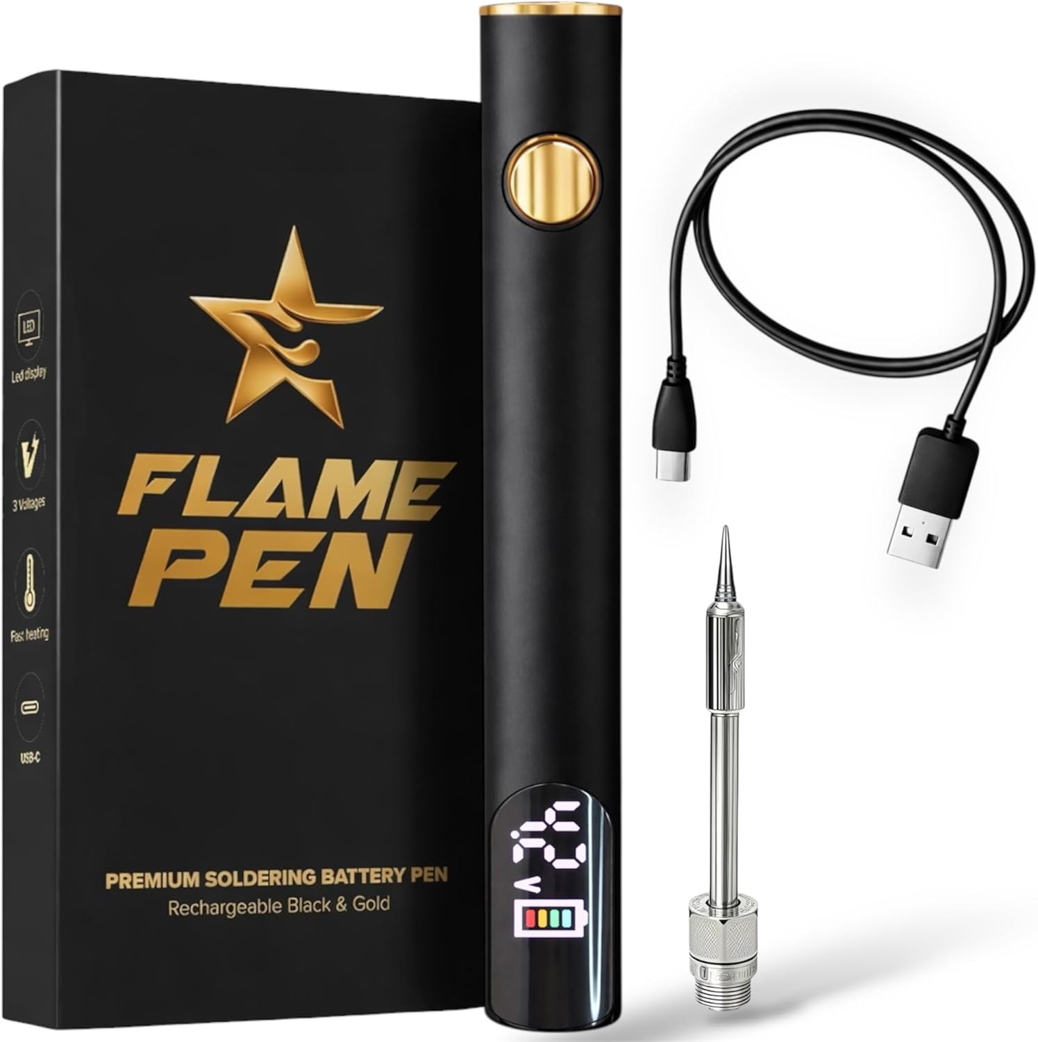 510 Threaded Battery Pen, 650mAh Cordless Soldering Iron with LED Display, Precise Temp Control USB-C Rechargeable, 3-Speed Adjustable — Appliance Repair, DIY & Jewelry | Flame Pen Black & Gold