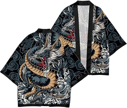 Chinese Dragon Pattern Kimono Cardigan Men's Kimono Robe Dragon Pattern Bathrobe Chinese Short Kimono Robe Japanese Samurai Coat