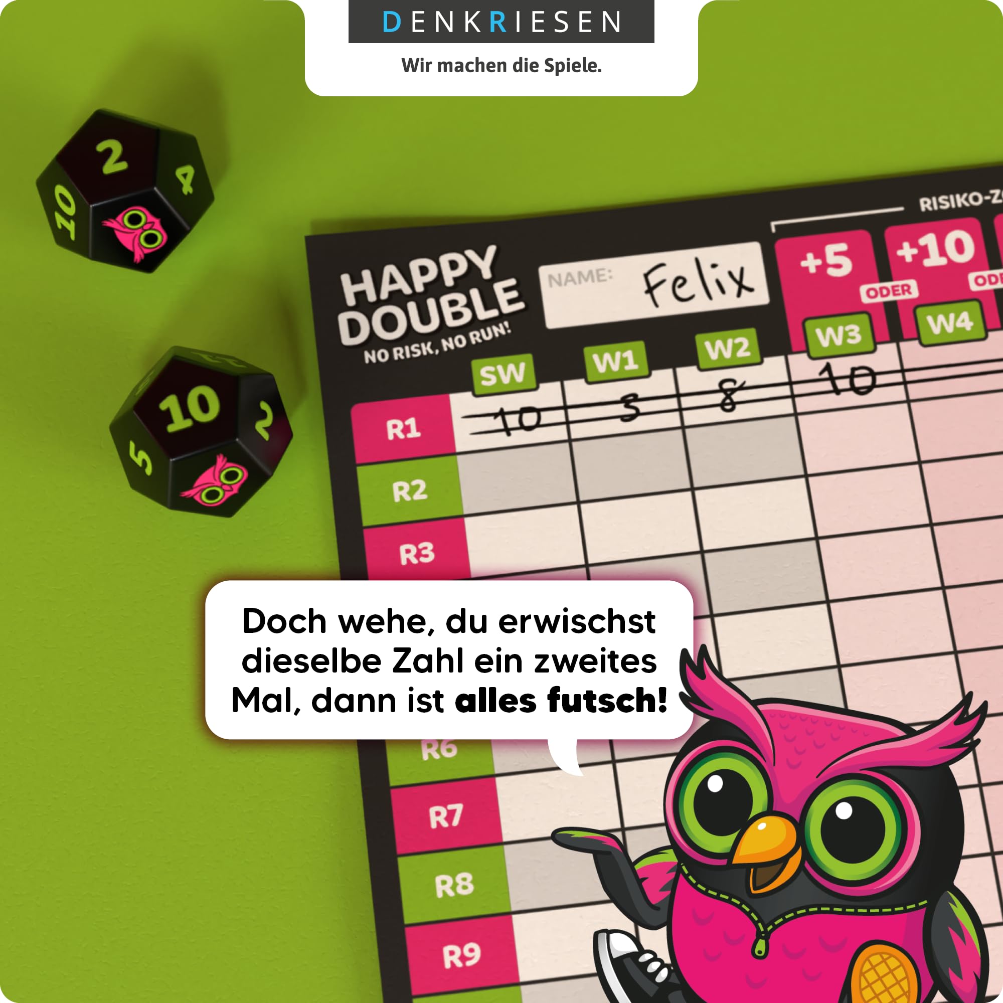 DENKRIESEN Happy Double – Kartenspiel mit Würfeln für Kinder & Familie | 2–8 Spieler, ab 8 Jahren | einfaches Gesellschaftsspiel mit hohem Spaßfaktor | ideal für Spieleabend & Reisen oder als Geschenk - 4