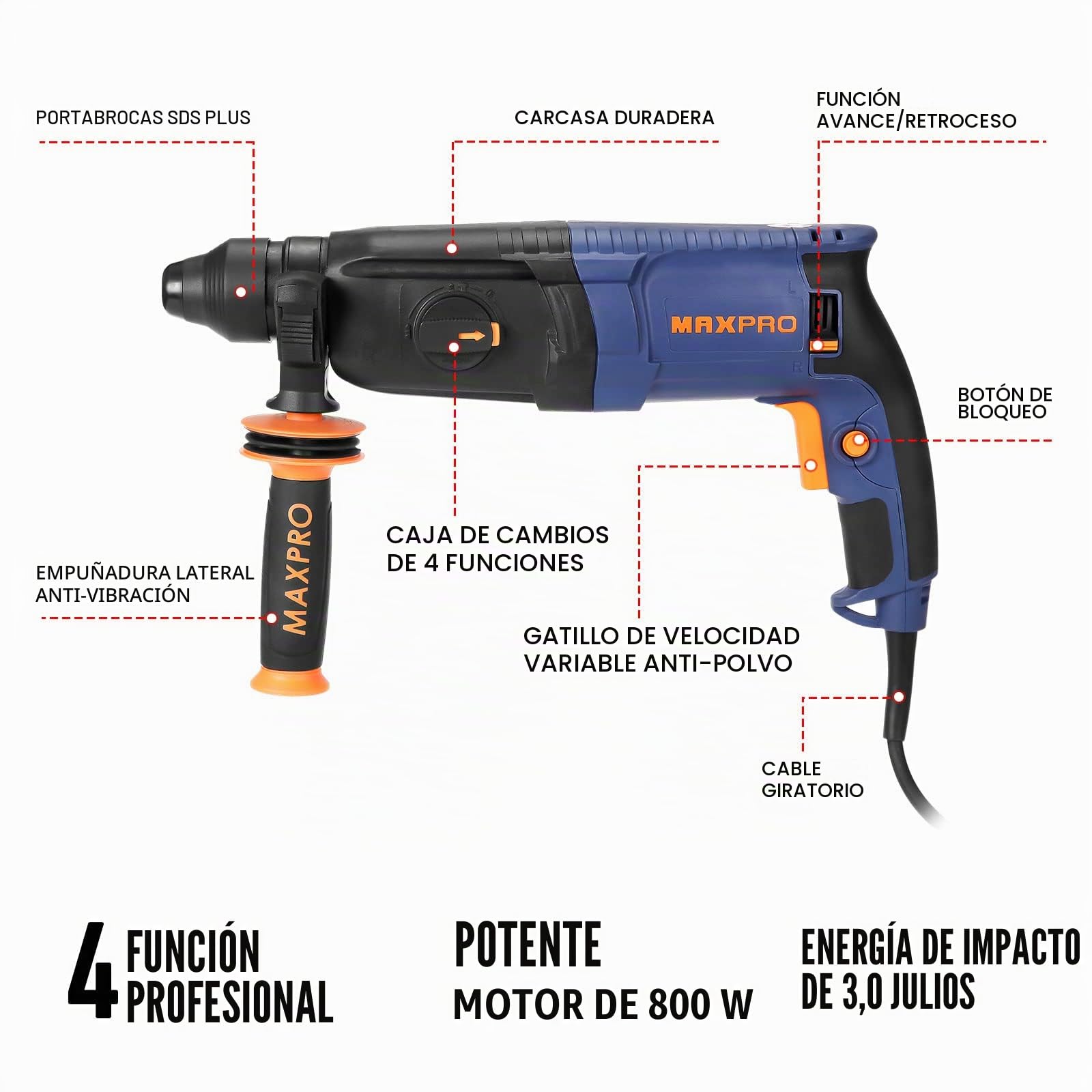 MAXPRO Martillo Perforador SDS-Plus 800W, 6 Velocidades Variables con 4 Funciones Capacità di foratura: calcestruzzo (26MM), metallo (13MM), legno (30MM)