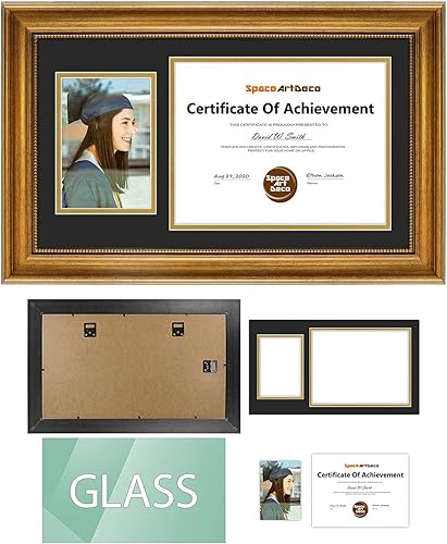 Miniatura 4 de Space Art Deco, Marco de diploma de 11 x 19.5 pulgadas con paspartú doble negro sobre dorado para documentos de 8.5 x 11 pulgadas y una imagen de 5