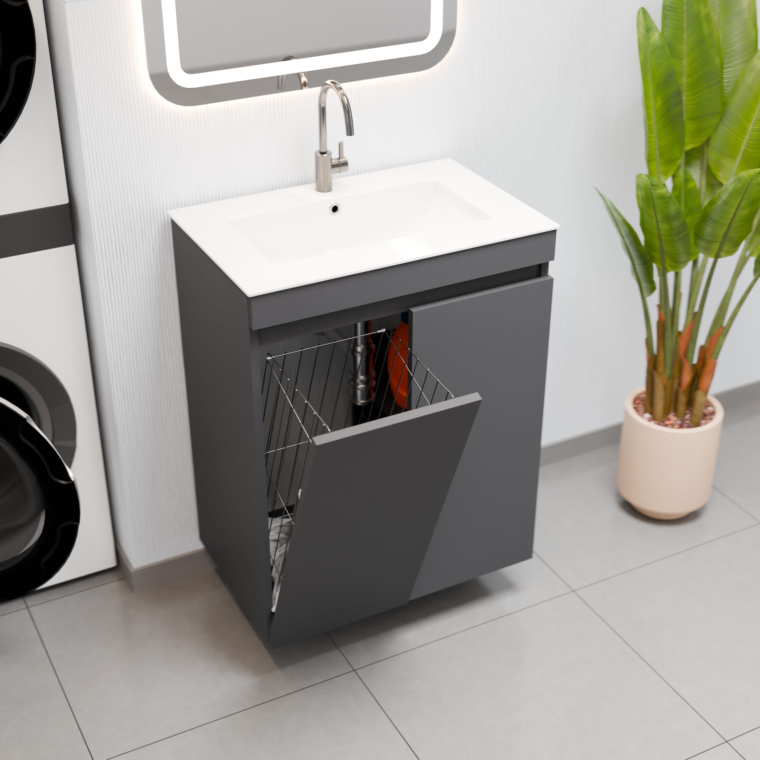 Waschbecken mit Unterschrank Ribera, Hängend oder Stehend, Waschtisch mit Unterschrank für Badezimmer, Wäschekorb, Wäscheschrank, Zusatzböden, 2 Soft-Close-Türen (Anthrazit, 60 cm)