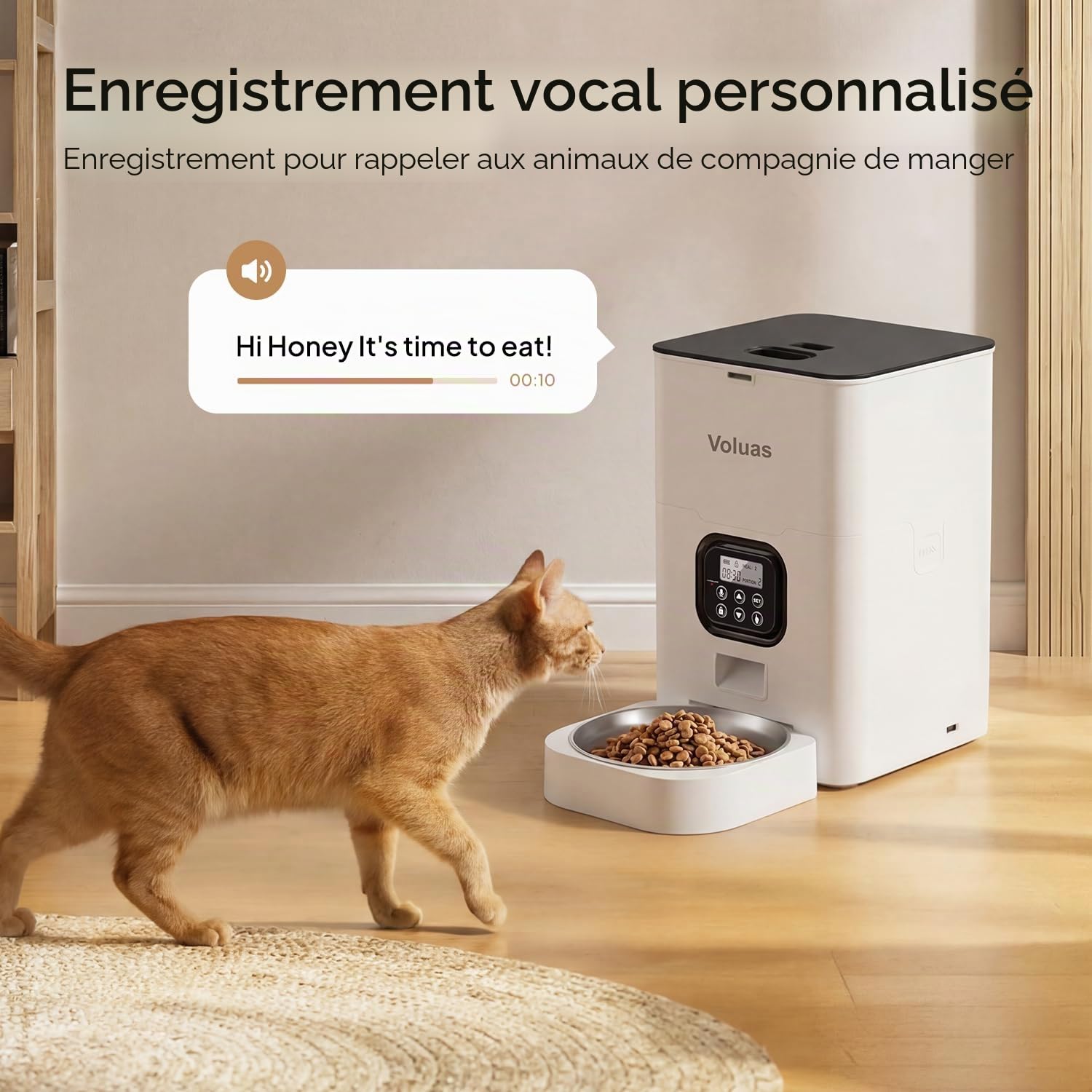 VOLUAS Distributeur Automatique Nourriture Chats et Chiens, Nourriture Sèche avec Sac Désiccant, Programmable, Contrôle Portion 4 Repas/Jour.