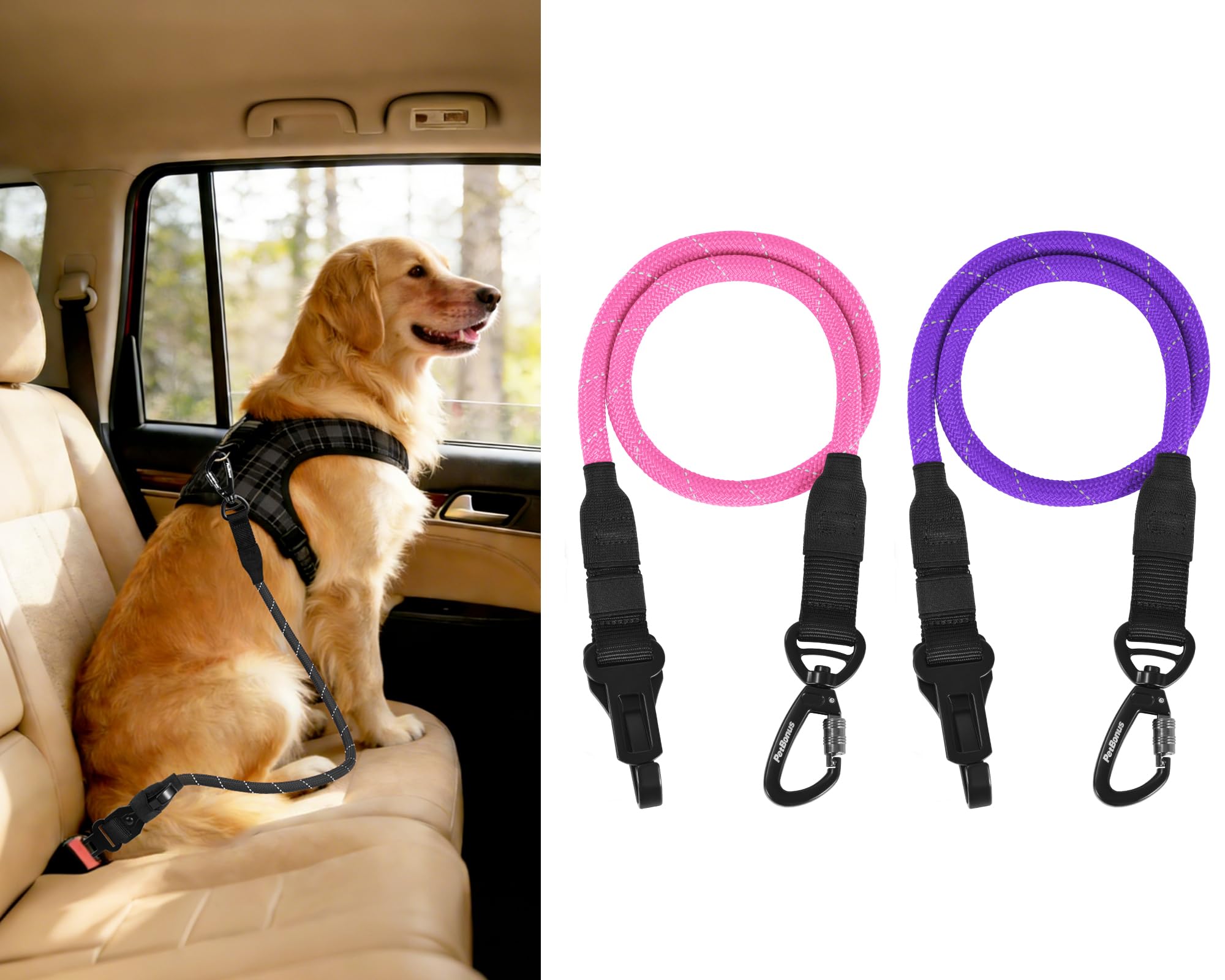 PetBonus Dog Seat Belt for Car, 2 Packs Durable Rope Dog Car Harness Seatbelt for Vehicle, Pet Tether Safety Restraint with Heavy Duty Buckle Hook Latch Lockable Clip for All Breeds (Purple, Pink) โ image 1
