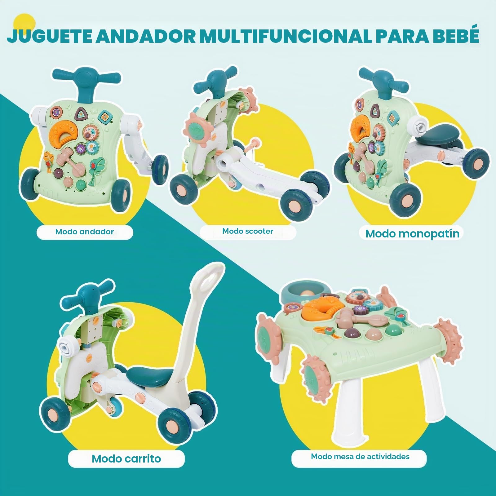 Andador Bebés,6 en 1 Caminador Bebe de juguetes de entretenimiento,Ruedas con velocidad regulable,Tablero de Juego Extraíble,para bebés de 12 a 36 meses