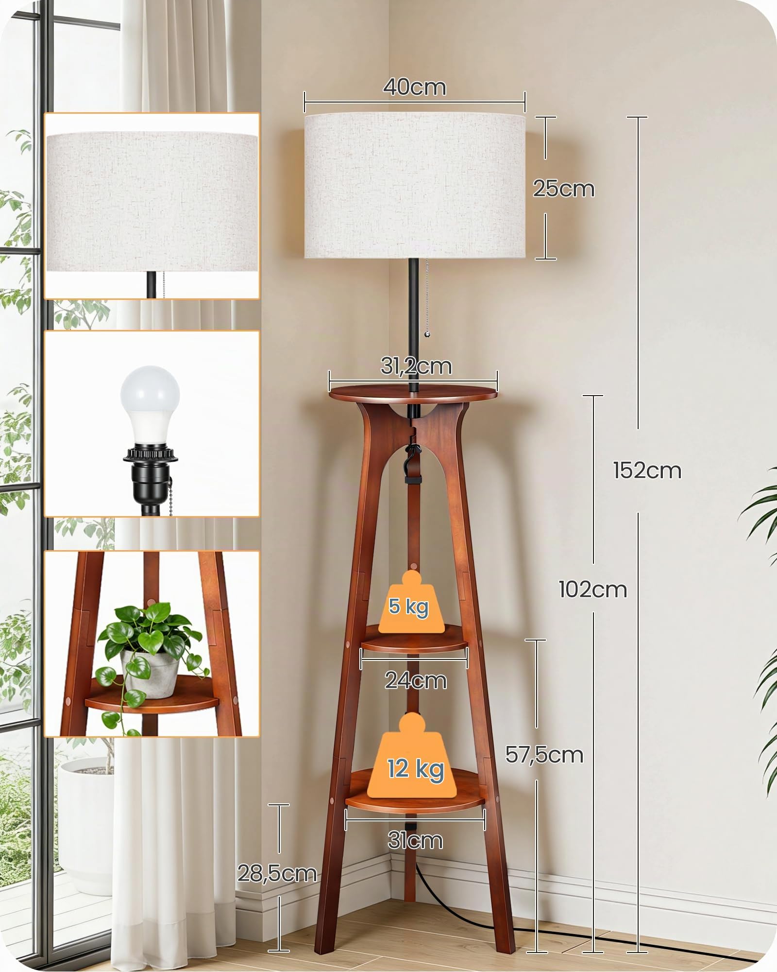 Stehlampe Dimmbar Dreibeinige Holz mit 3 Regalen, Holzstativ Stehleuchte mit 3 Farbtemperaturen für Wohnzimmer, Schlafzimmer, Arbeitszimmer, Beige und Dunkle Walnussfarbe, ZSTE25LDD05