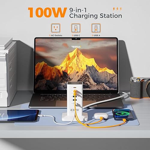 Miniatura 3 de Estación de carga PD 100W, TESSAN 9 en 1 USB C Power Strip para iPhone 1716, MacBook, tableta, cargador rápido de teléfono de escritorio con 3 CA, 3