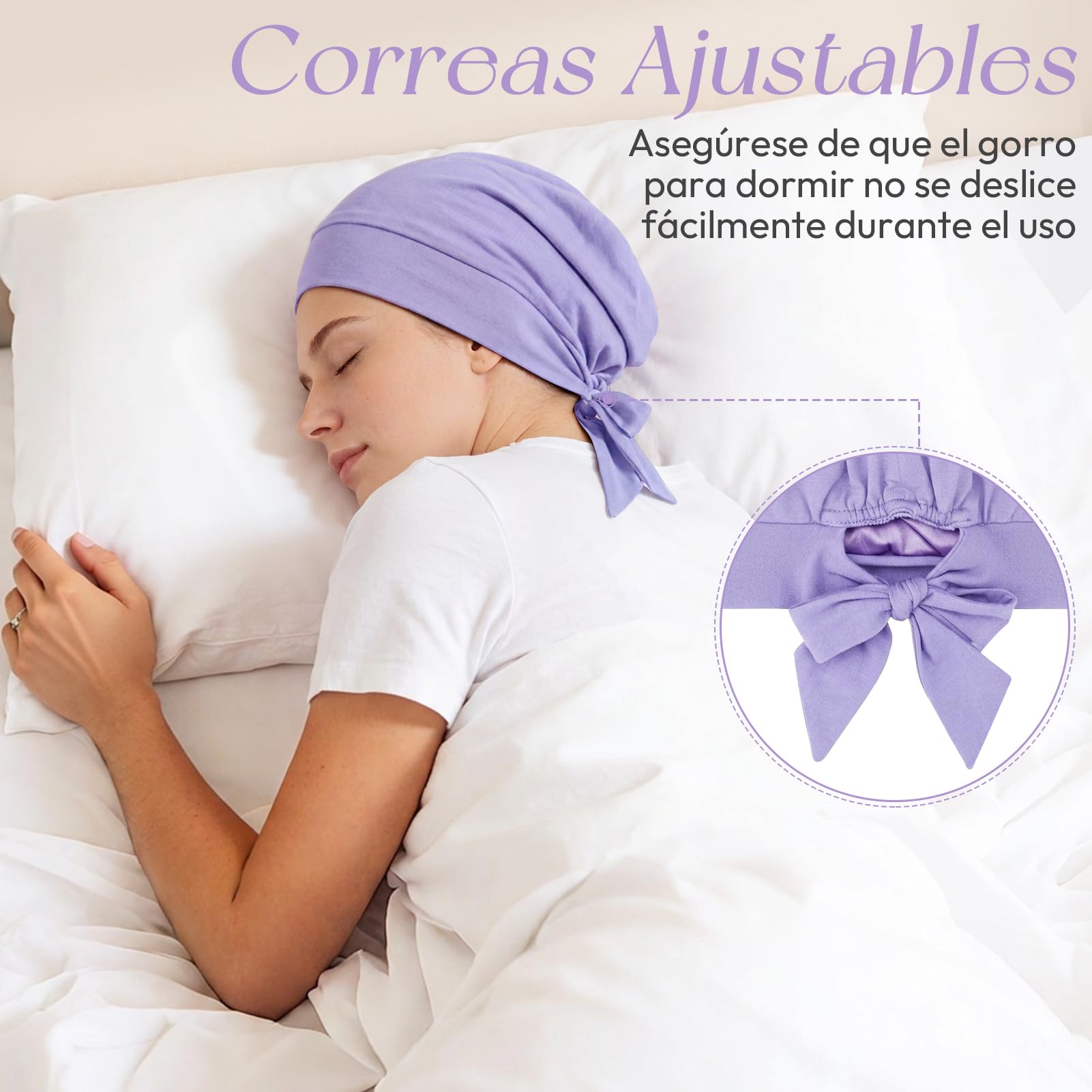 Gorro de Seda para Dormir de Fibra de Bambú, Ajustable Gorro Saten Pelo Rizado con Correas Suave Slouchy Silk Bonnet