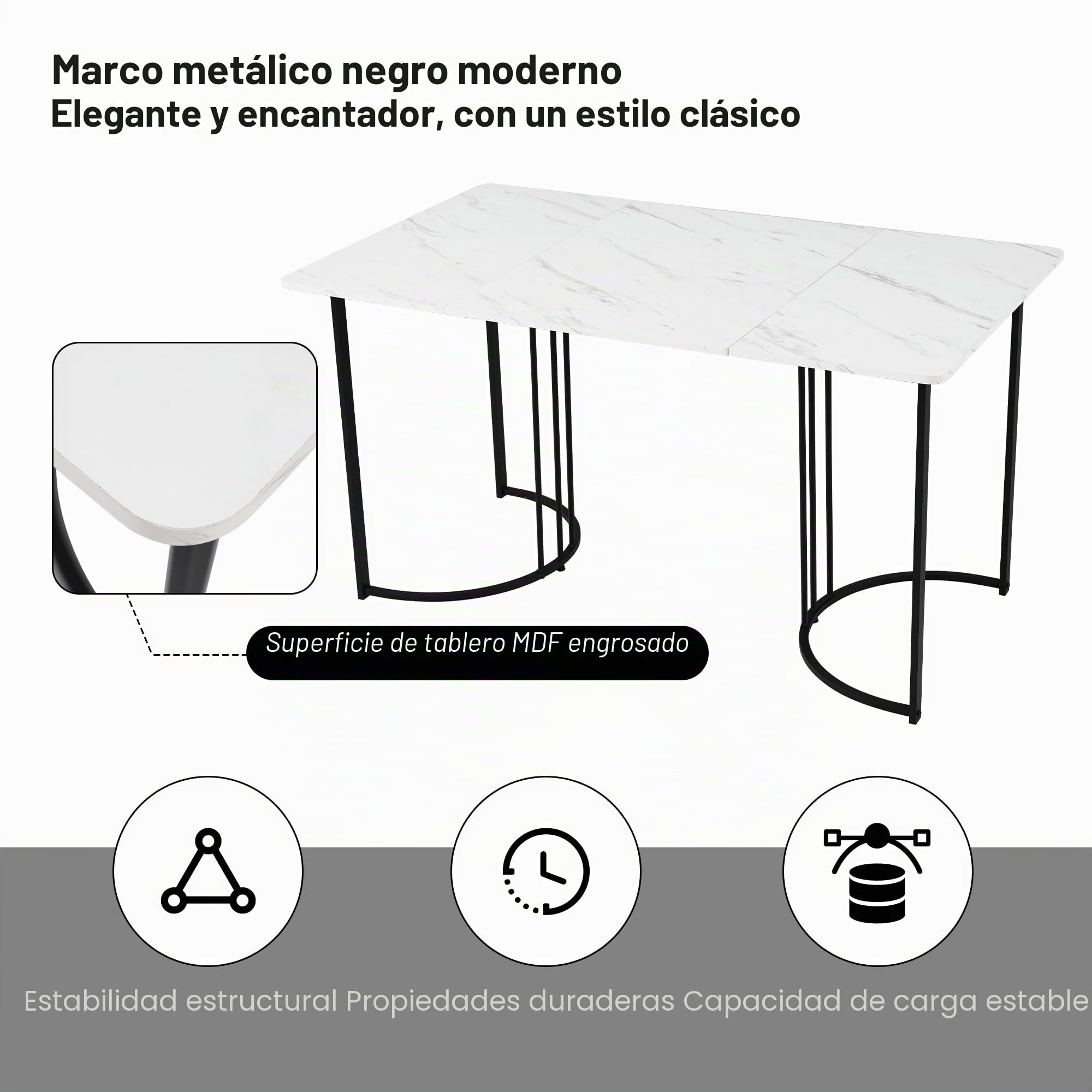Merax Mesa de comedor 140x80cm, Mesa rectangular de diseño de mármol, para 4-6 personas, estructura metálica, patas ajustables, adecuada para restaurante, sala de estar, cocina, salón, Blanco/Negro