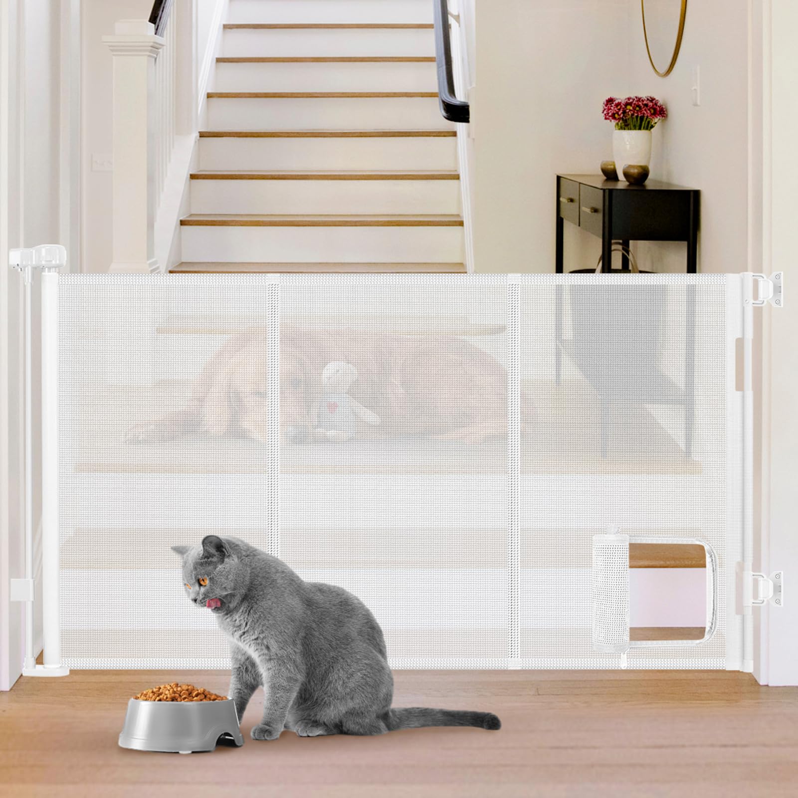 Reinforced 60'' Wide Retractable Pet Gate with Cat Door Mesh Baby Gate for Stairs with Reinforced Strips Retractable Dog Gates with Cat Door Mesh Dog Gates for Doorways Separating Dogs from Cats, White