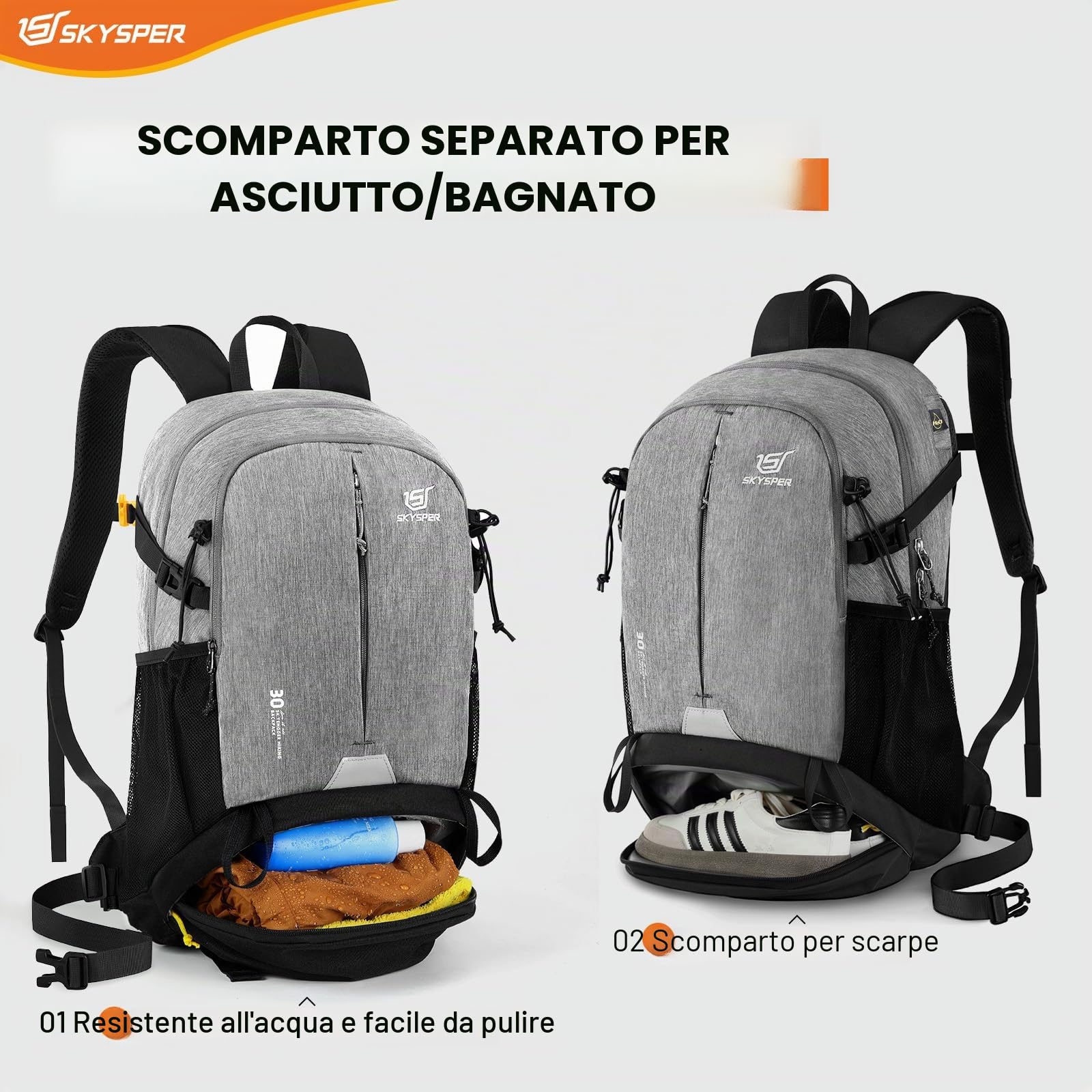 SKYSPER 30L Zaino da Hiking con Scomparto per le Scarpe Zaino Sportivo per Escursioni Viaggi Trekking