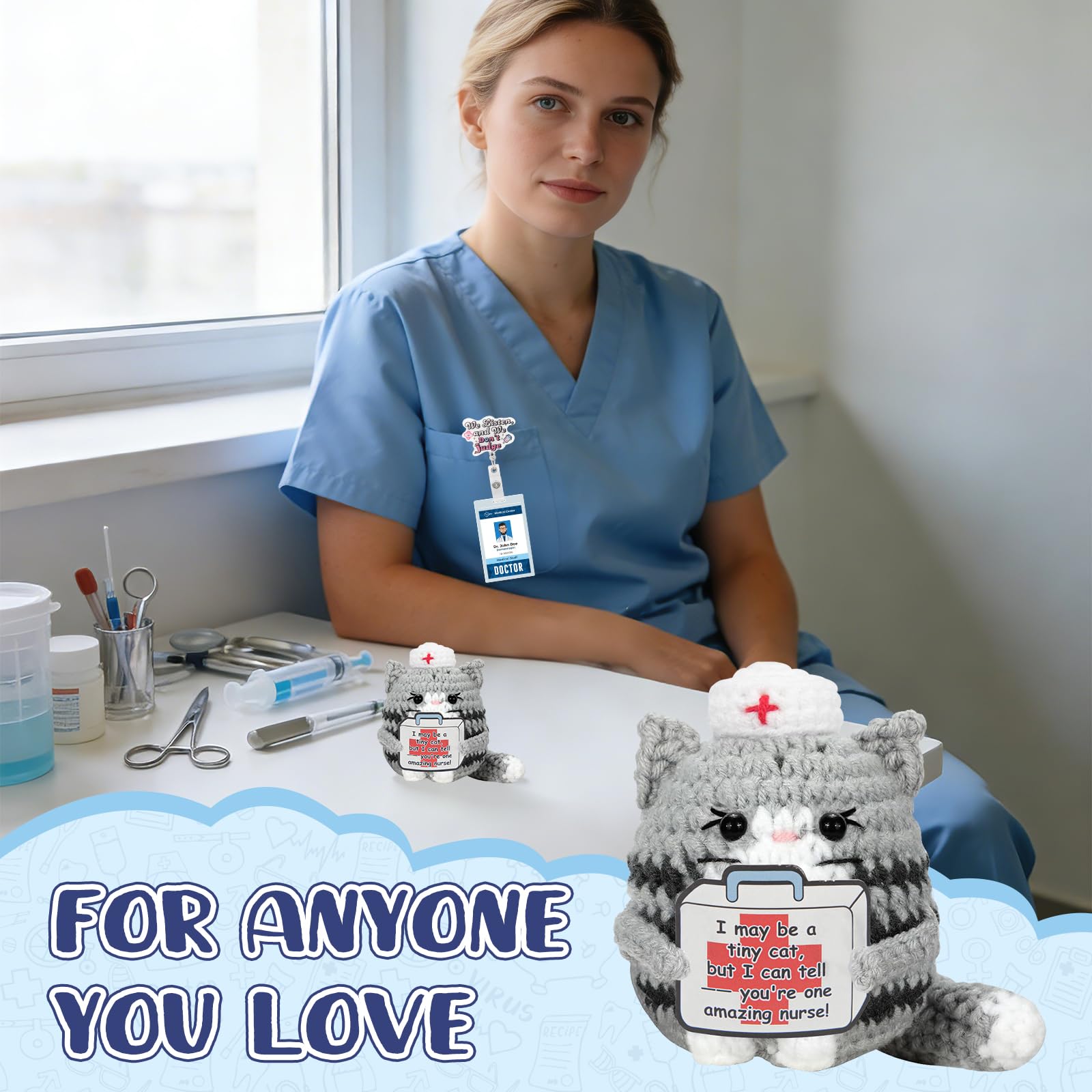 Funny Nurse Week Gifts for Women - 2026 Positive Crochet Cat with Nurse Badge Reel - Animals Emotional Appreciation Gifts for RN Registered Practitioner, LPN, Nursing School Graduation, Christmas