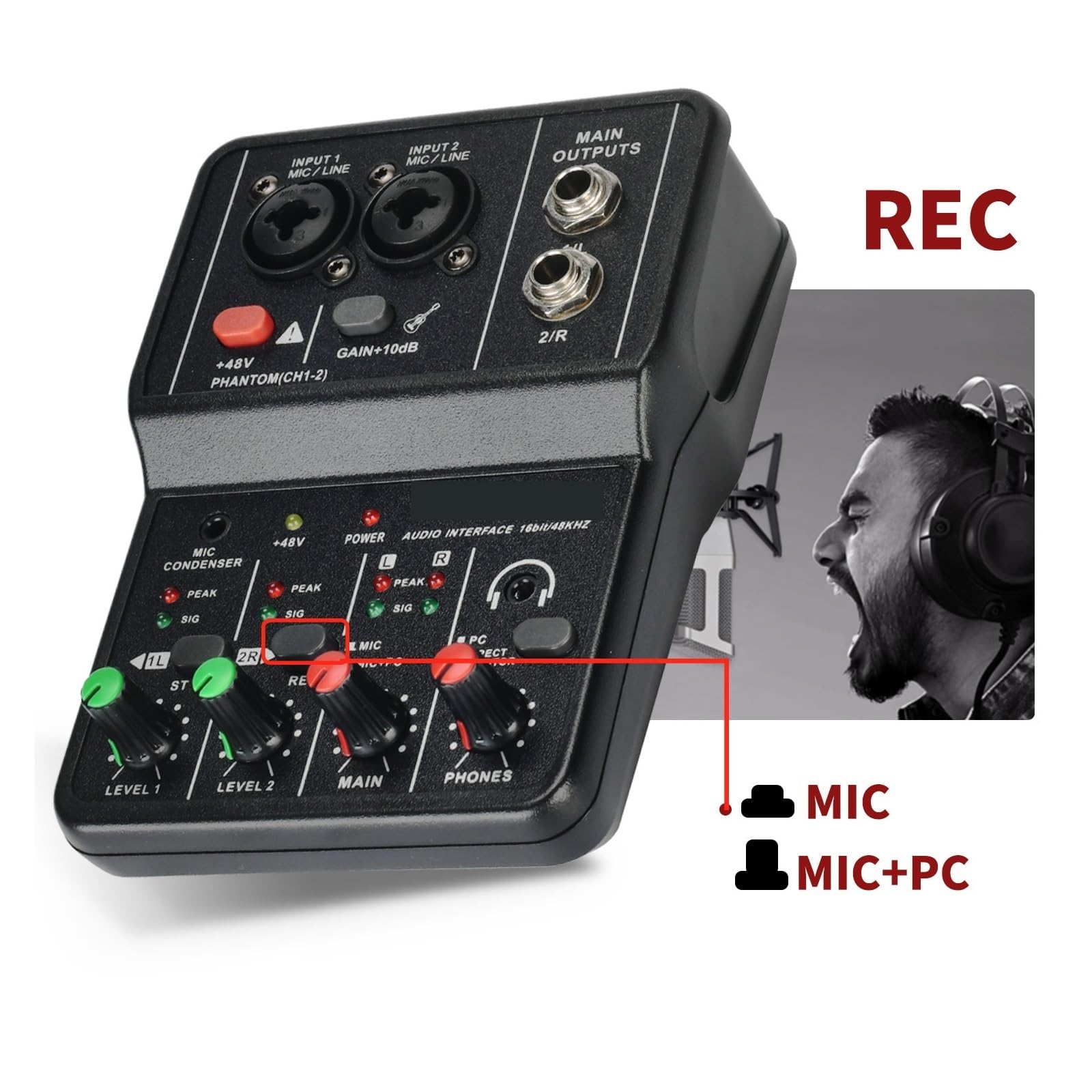 Mini Interfaz De Audio For Grabación De PC, Tarjeta De Sonido Portátil De 48V For Grabación Musical, For Guitarra, Estudio En Casa, Música, Ordenador Profesional Ampliamente Aplicable