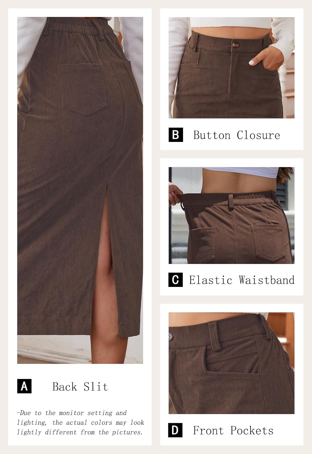 Women’s Midi Corduroy Skirt Pencil Elastic High Waisted Back Slit Winter Long Skirts for Women with Pocket