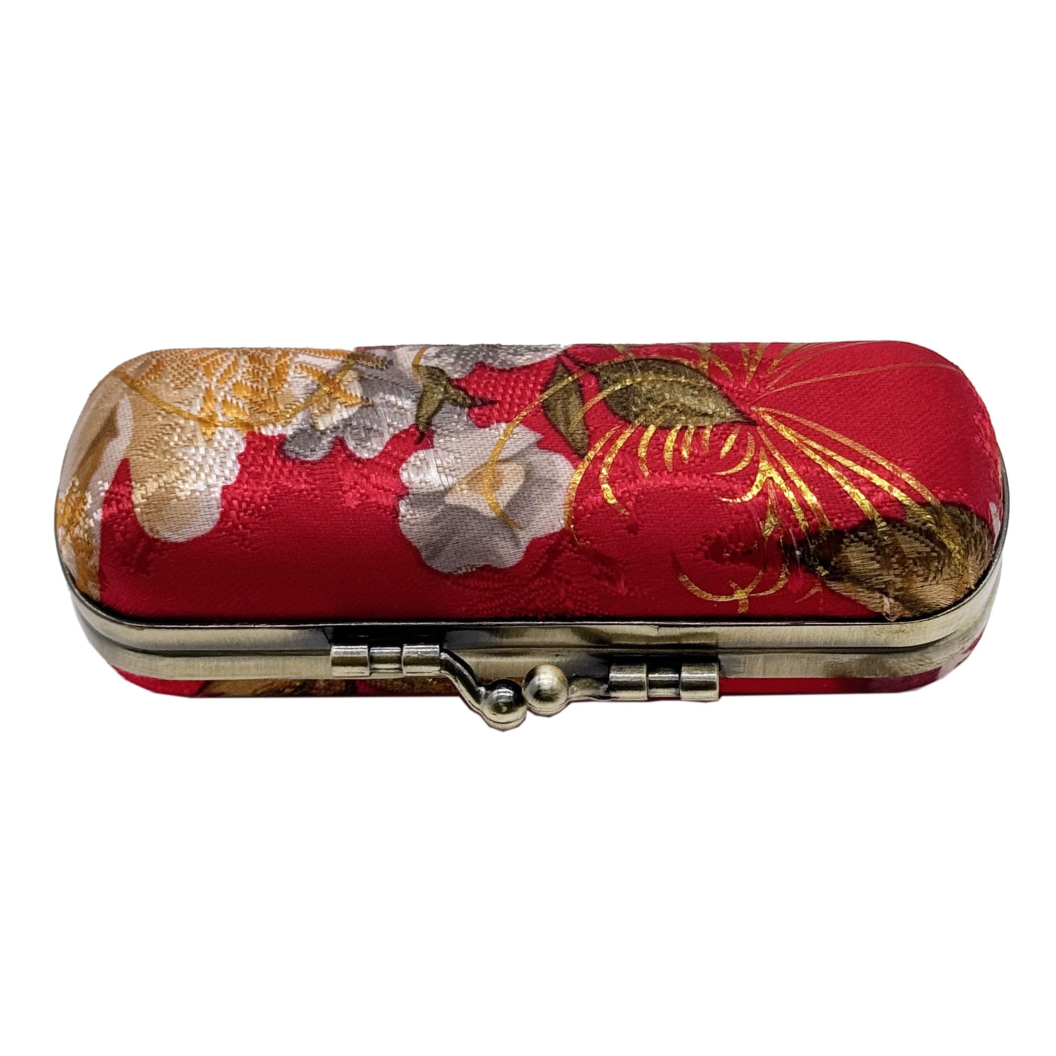MIAO JIN Lipstick Case with Mirror Lipstick Holder Storage Bag Kiss Lock of Iron Mini Portable Vintage Floral Pattern Jewelry Cosmetic Case (Red)