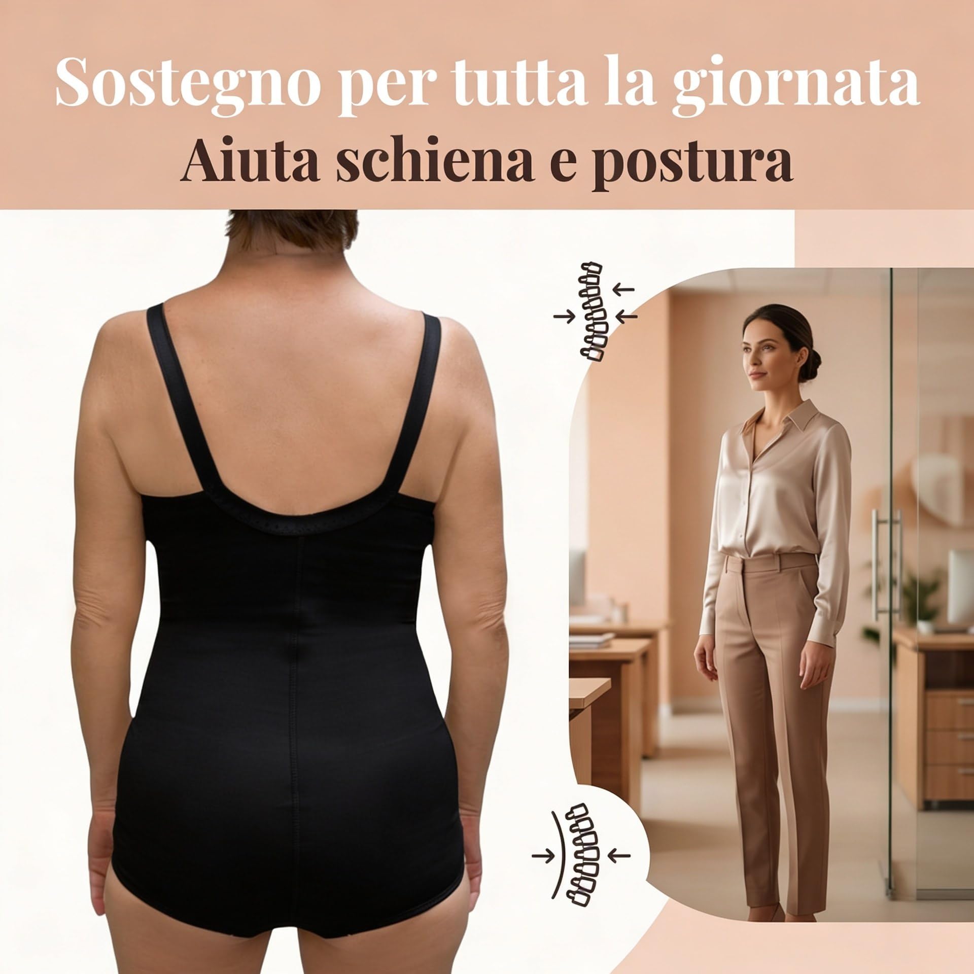 Body Contenitivo Donna con Coppe C/D Guaina Modellante con Ganci e Cerniera Frontale, Sostegno Schiena e Addome, Effetto Snellente, Made in Italy