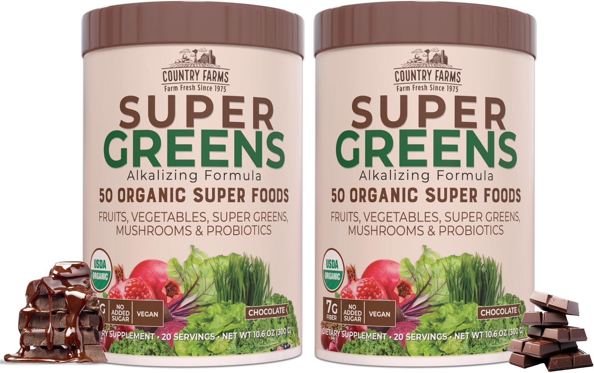 Super Greens Chocolate Flavor, 50 Organic Super Foods, USDA Organic Drink Mix, Fruits, Vegetables, Super Greens, Mushrooms & Probiotics, Supports Energy, 40 Servings, 10.6 Oz, 2 Pack