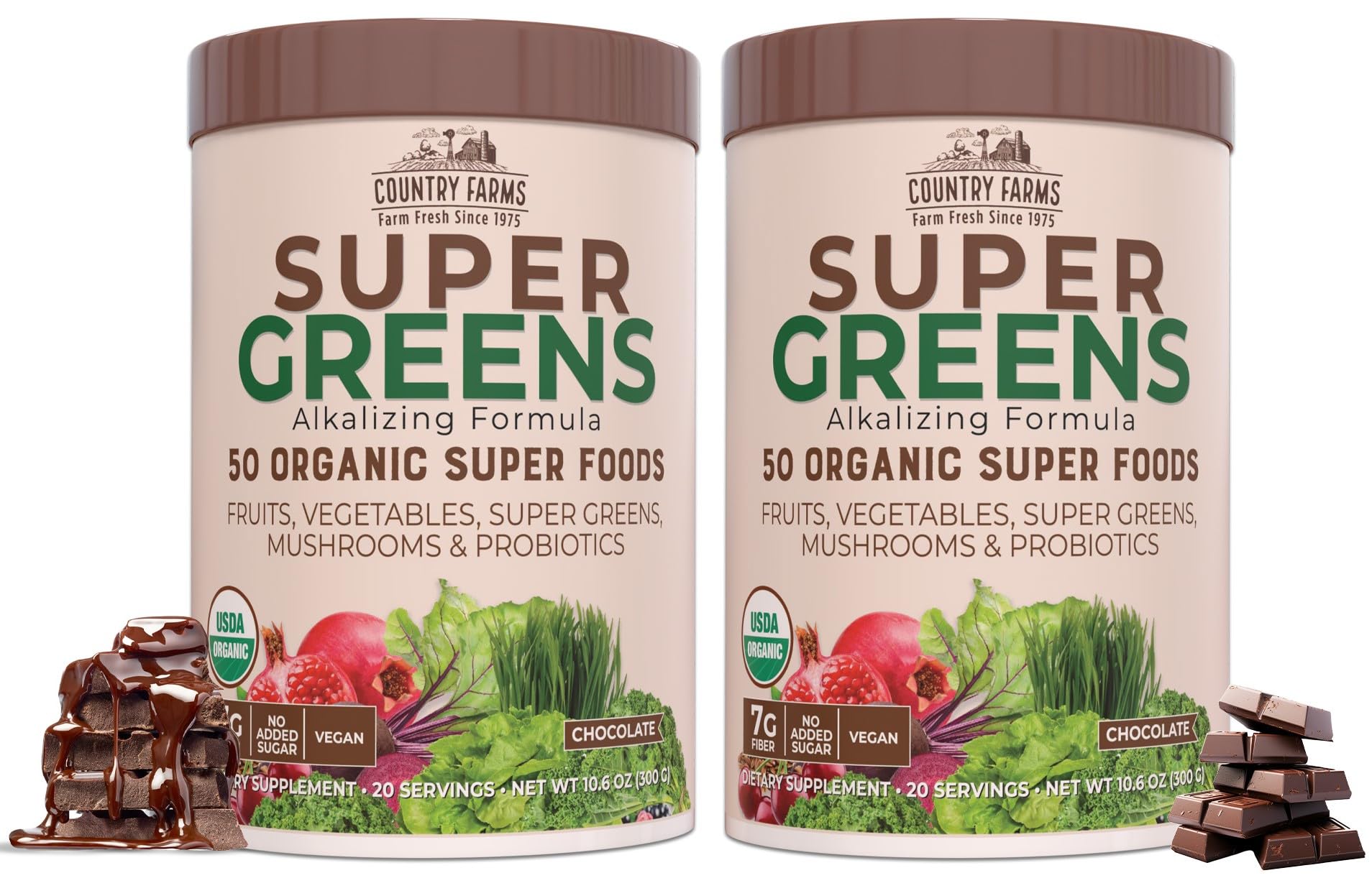 COUNTRY FARMS Super Greens Chocolate Flavor, 50 Organic Super Foods, USDA Organic Drink Mix, Fruits, Vegetables, Super Greens, Mushrooms & Probiotics, Supports Energy, 40 Servings, 10.6 Oz, 2 Pack