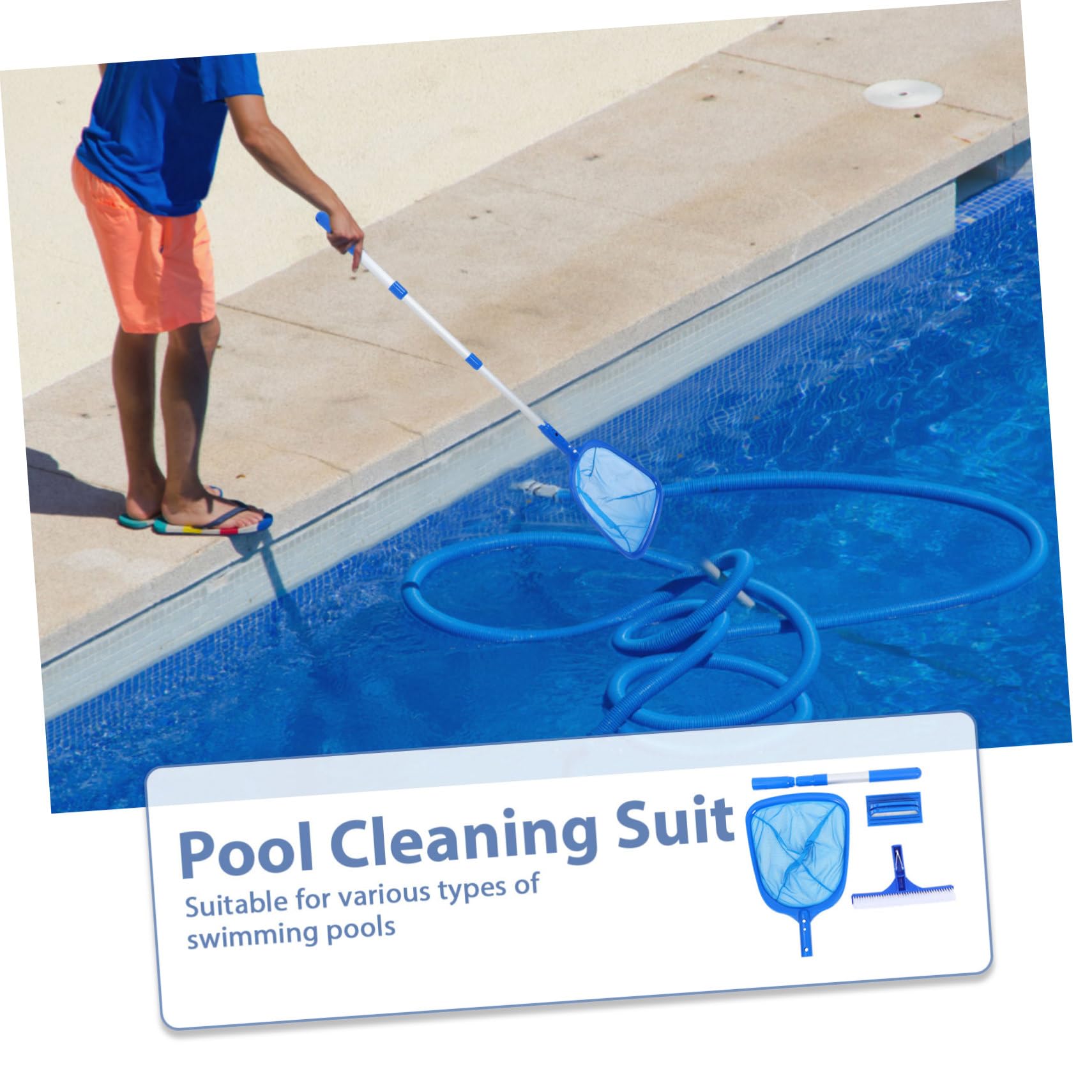 YARNOW Kit de Limpieza de Piscinas Portátil con Cepillo, Red Recogedora y Palo Telescópico Azul para Piscinas Residenciales y Celebración Verano