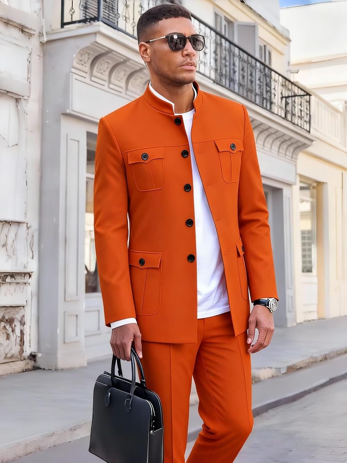 HUUTOE Mens Chinese Tunic Suit Safari Suits for Men 2 Piece Mandarin Collar Jacket Slim Fit 4 Pocket Blazer Wedding Suit - Image 3