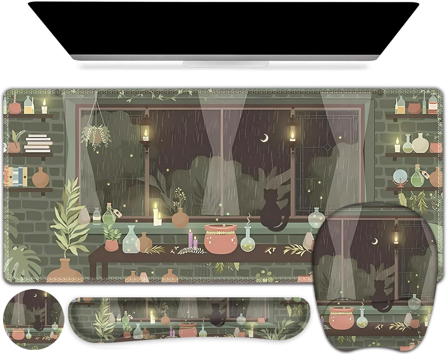 Aesthetics Large Mouse Pad with Wrist Support 4 in1 Set, XXL Big Game Mousepad + Keyboard Wrist Rest + Mouse Wrist Rest Pad +Coaster Gaming Mat for Home Office Computer I Green Plants and Black Cat — image 1