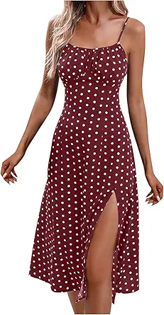 Summer Dresses for Women 2024 Casual Boho Sundress Polka Dot Spaghetti Strap Flowy Dresses Sexy Side Slit Mini Dress
