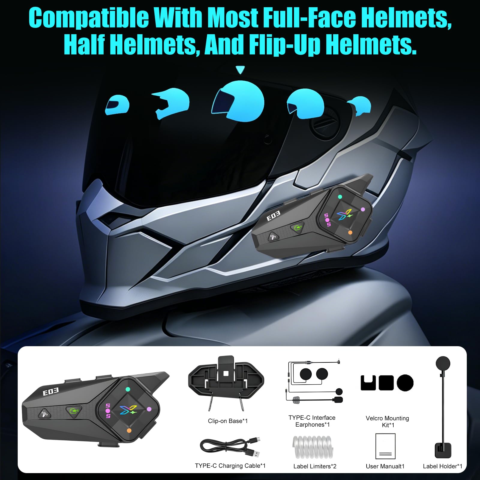 OBEST Interfono per casco da moto, Bluetooth 6.0, portata di comunicazione 500 metri, cancellazione intelligente del rumore, impermeabile IPX6, batteria da 1000 mAh, supporta la condivisione musicale
