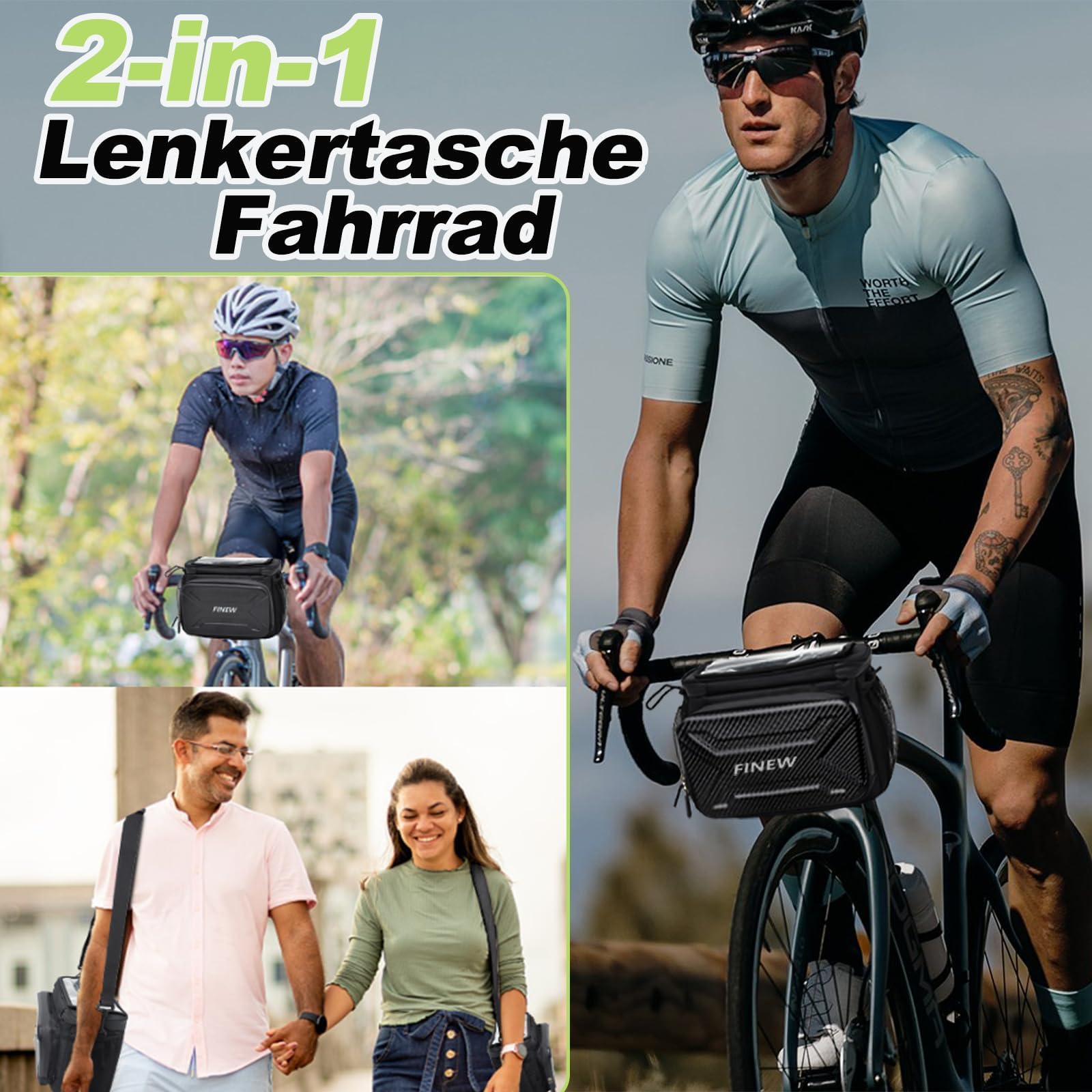 FINEW Bolsa para manillar de bicicleta con adaptador de manillar para bicicleta eléctrica y bicicleta, cesta delantera de 6 L, resistente al agua, bolsa de manillar con soporte para teléfono móvil
