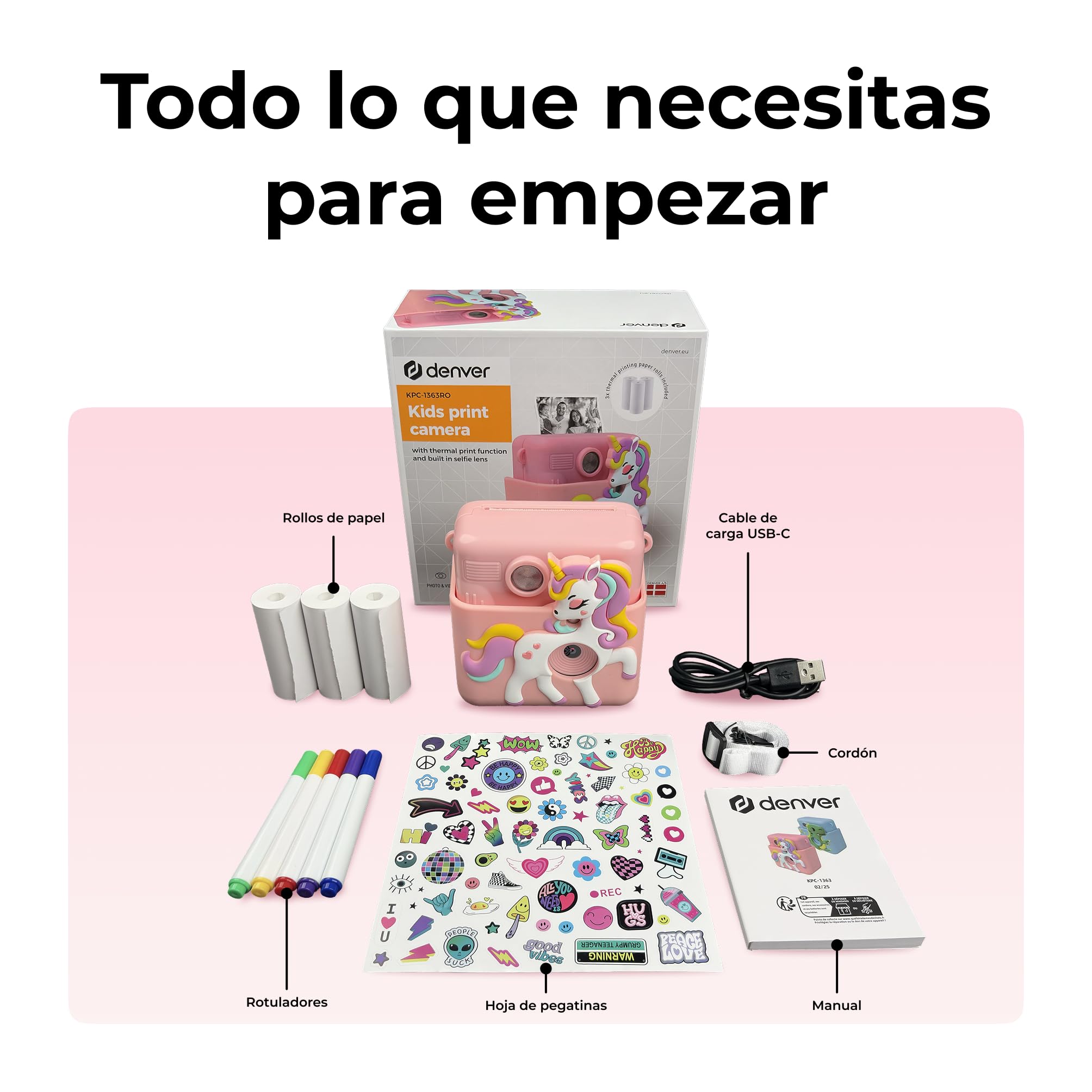 Denver KPC-1363 Cámara Infantil con impresión térmica Rosa, Pantalla 2”, vídeo 1080p, Fotos 20 MP, 3 Rollos incluidos