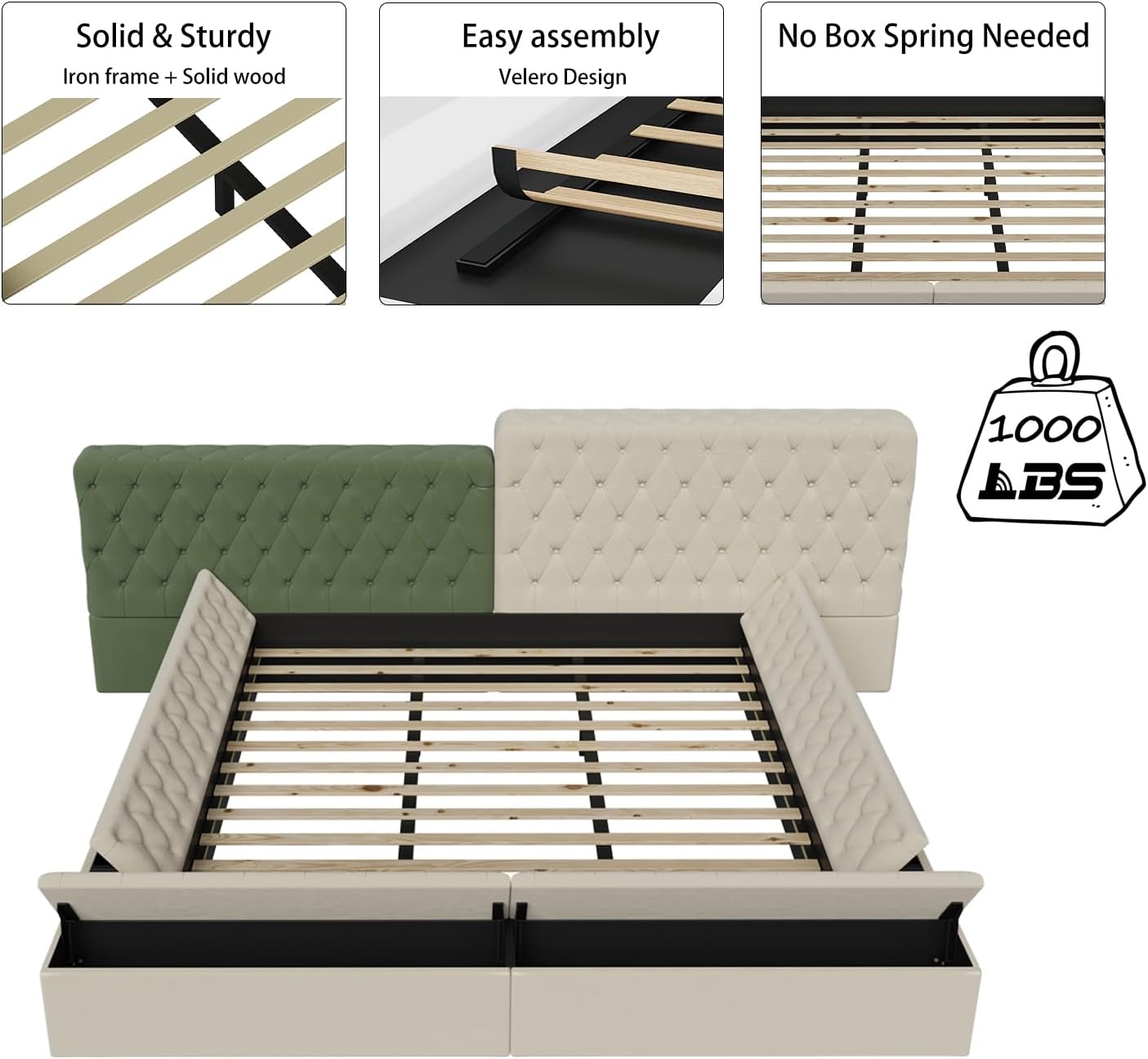 King Contemporary Special-Shaped Fully Upholstered Bed Frame with Deep Button Tufting and Storage Compartments in Rails and Footboard for Kids Teens Adults Bedroom No Box Spring Needed Beige