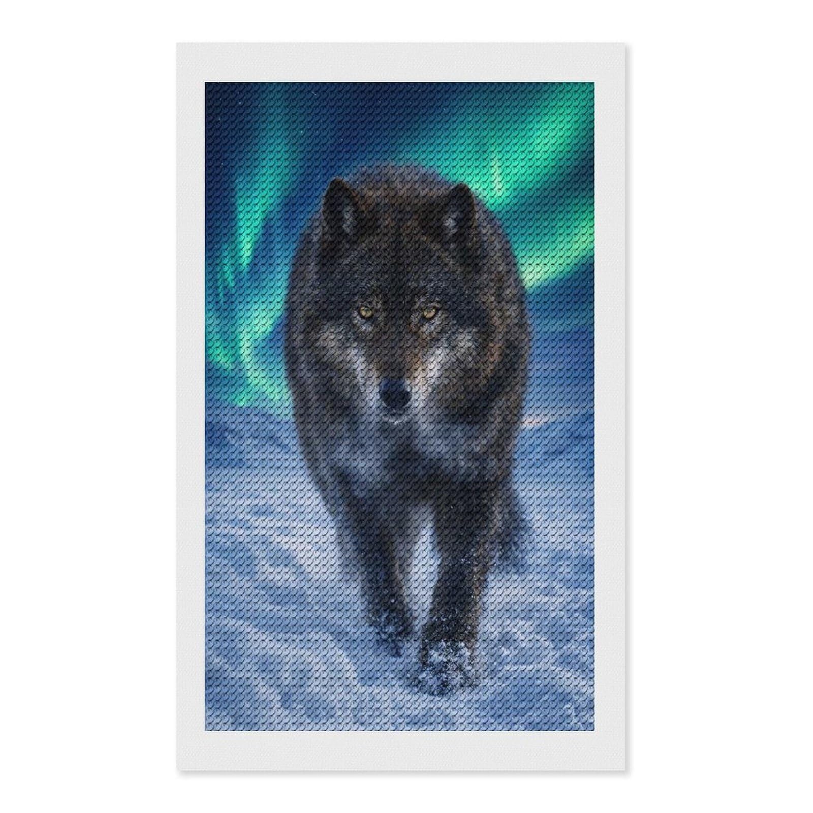 Junmoney Wolf Under The Aurora Borealis Diamond Art Kit 12"x20", Modern Decor, for Adults, Printed Canvas, Holiday Gift Idea, Fun Craft Experience