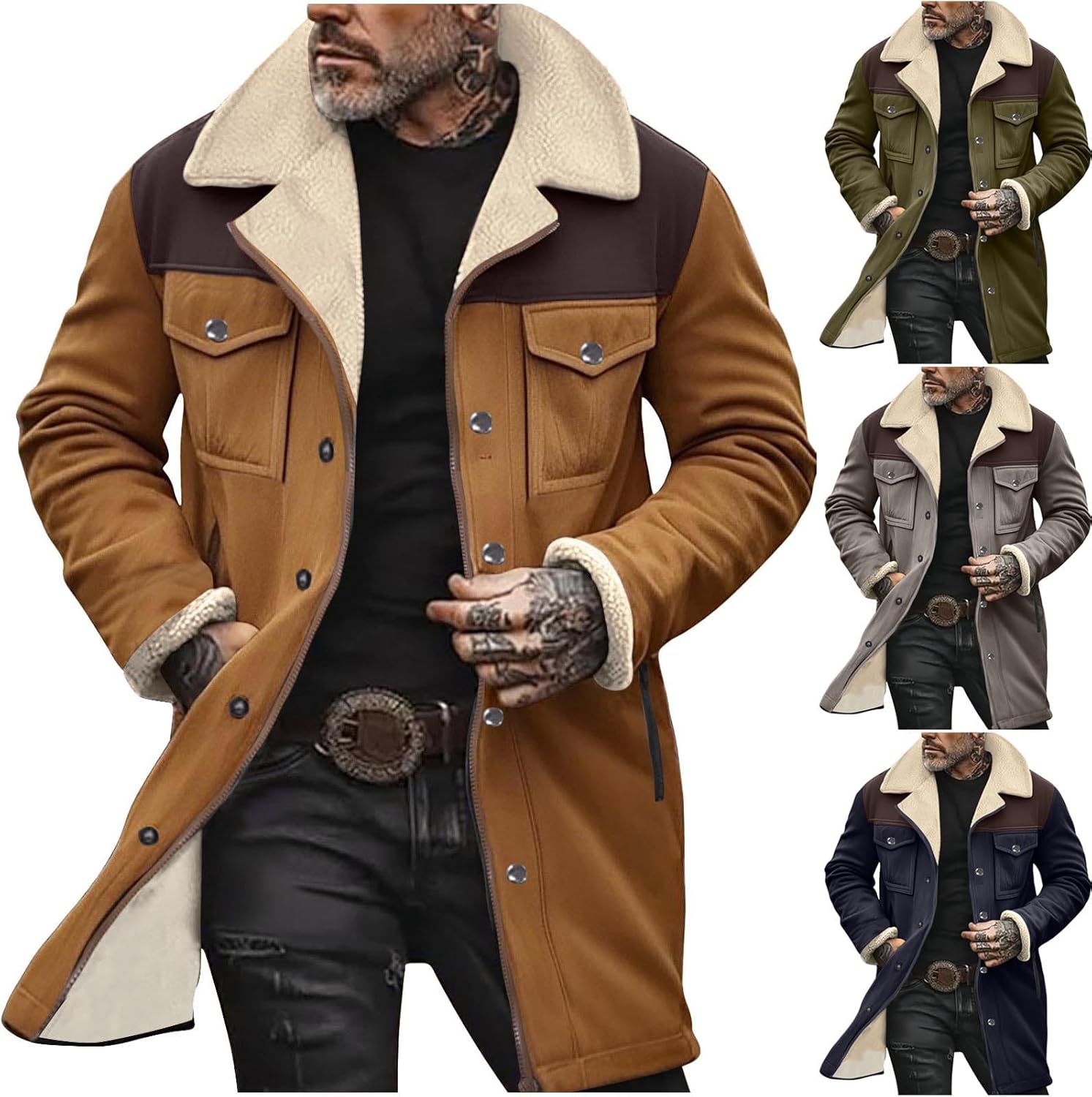 Cambkatl Men's Sherpa Lined Suede Patchwork Winter Vintage Cargo Jacket Button Down Long Sleeve Military Coat Outerwear
