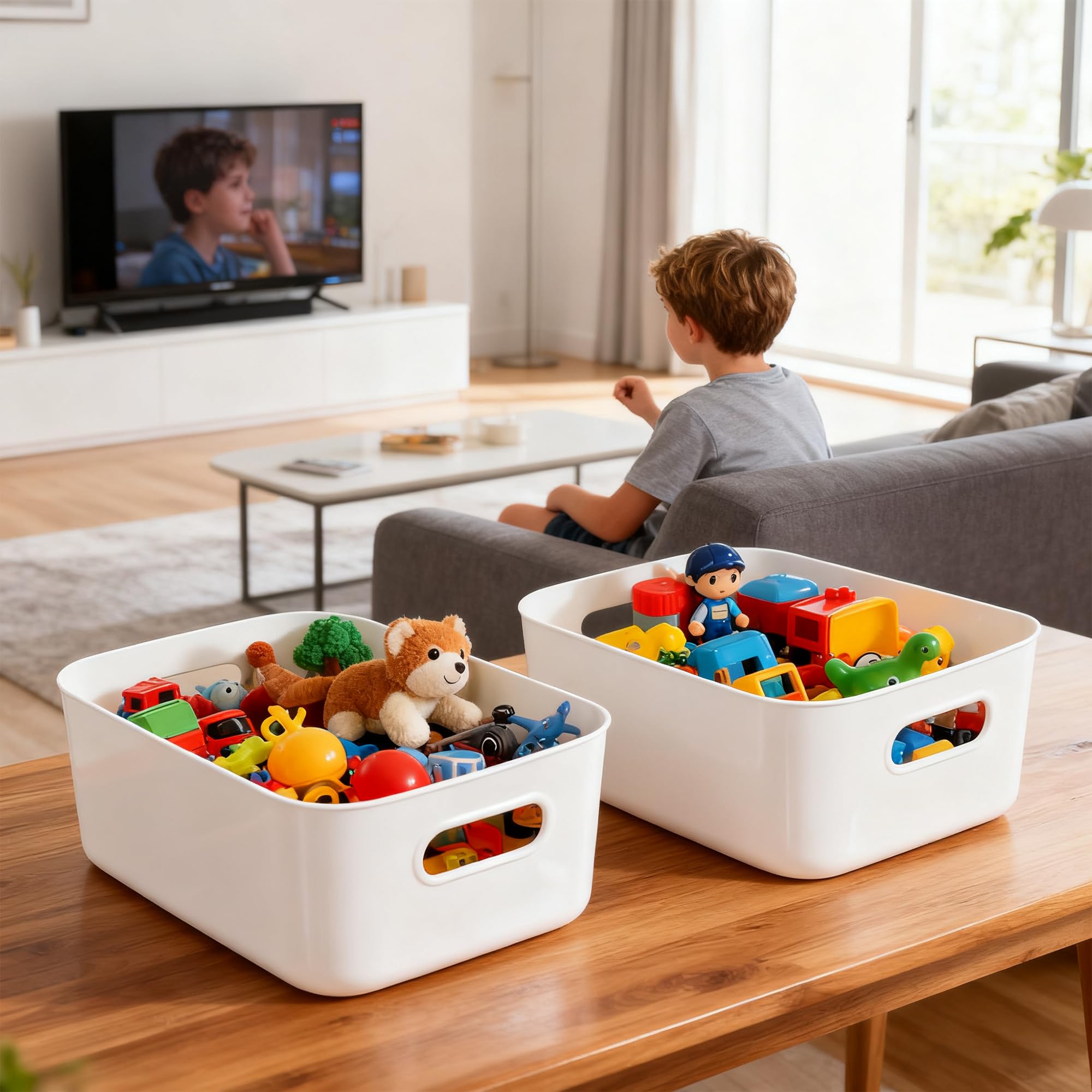 Obstnny 4 Cestini Portaoggetti Piccoli In Plastica Bianca, Sottili E Rettangolari Con Maniglia - 30,8x12,6x8,5 Cm - Per Cassetti E Armadi - 3