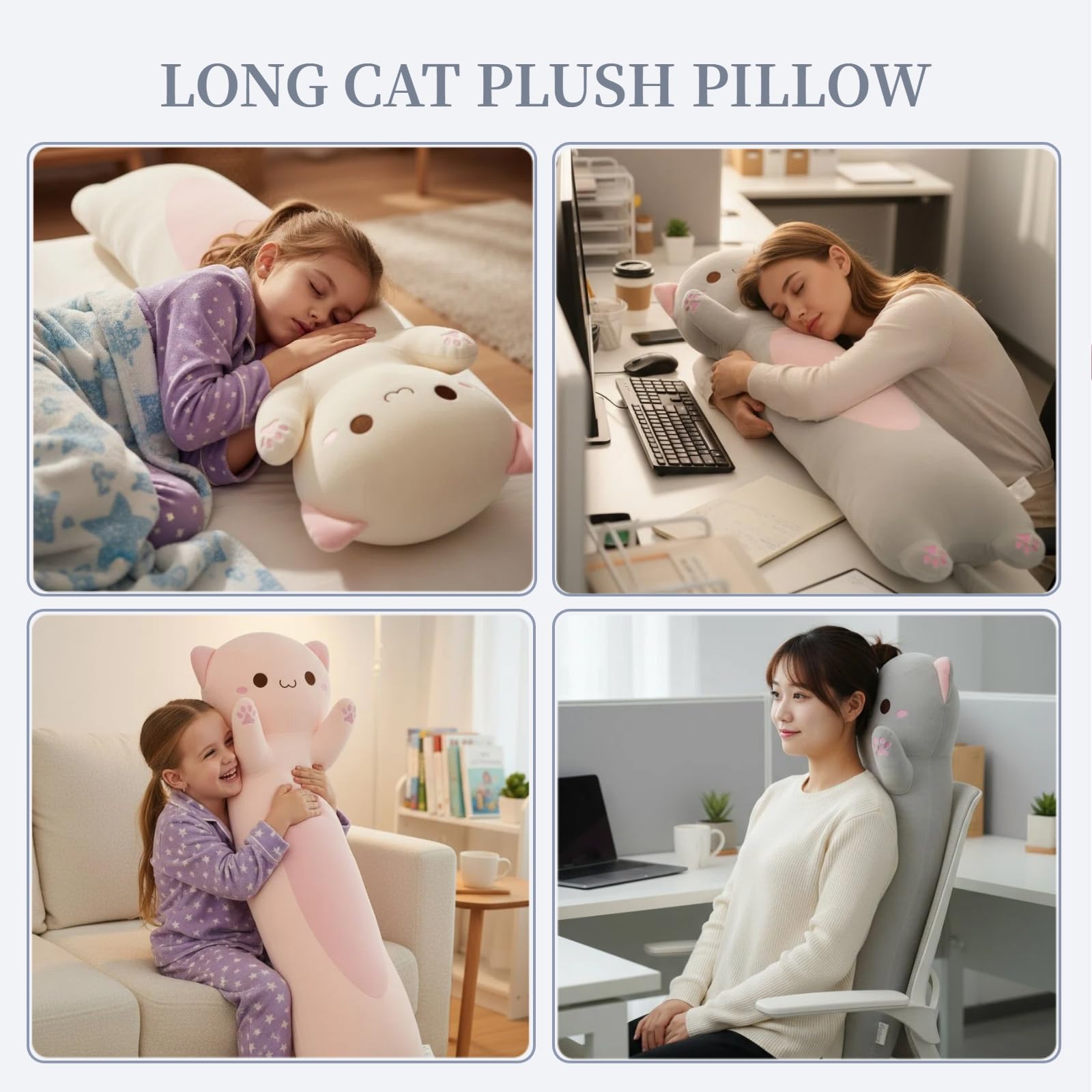 Długa pluszowa poduszka w kształcie kota, 110 cm, ultramiękka, wypchane zwierzę poduszka do ciała dla dzieci i dorosłych, uroczy pluszowy kotek, kawaii, prezent dla miłośników kotów